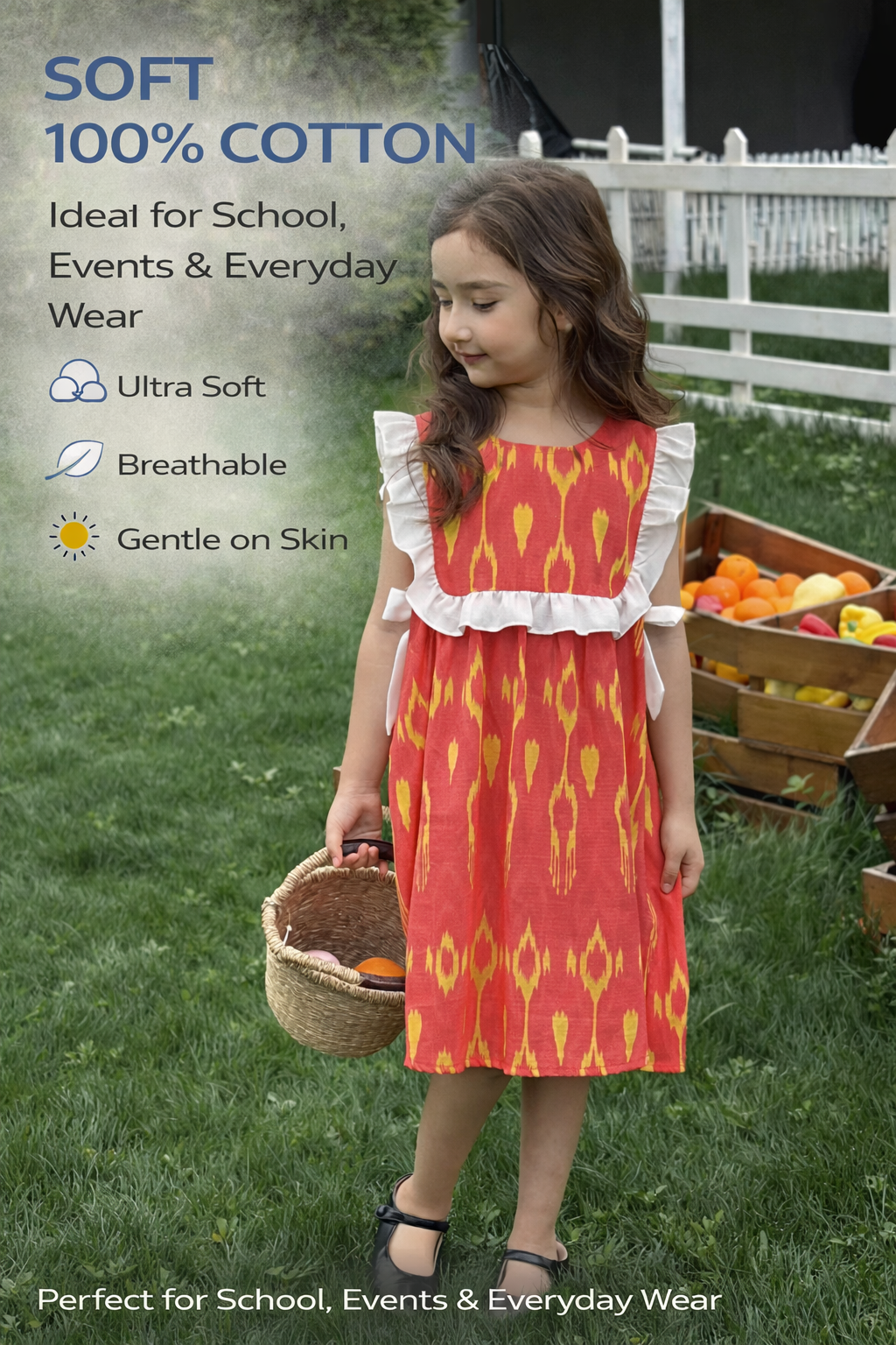 “Sunberry Bloom” Atlas Cotton Dress – Red & Gold | Ruffle Shoulder Summer Style