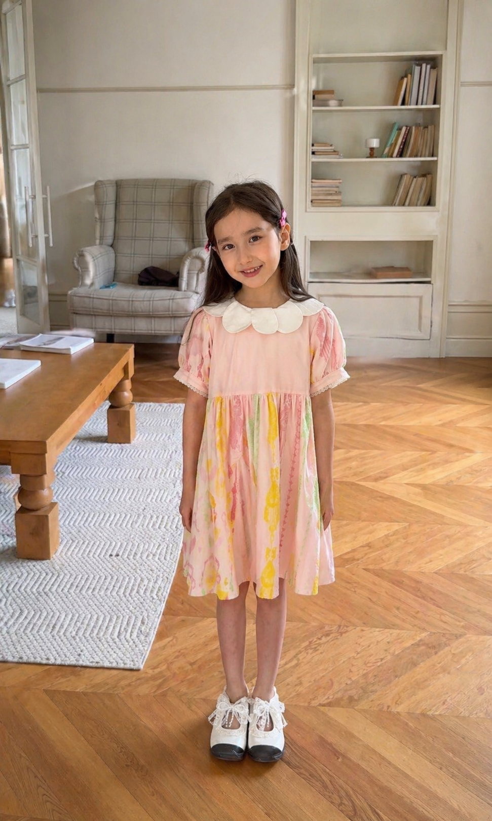 Girls Premium Cotton Atlas Dress – Soft Pink Elegant Summer Dress with Peter Pan Collar