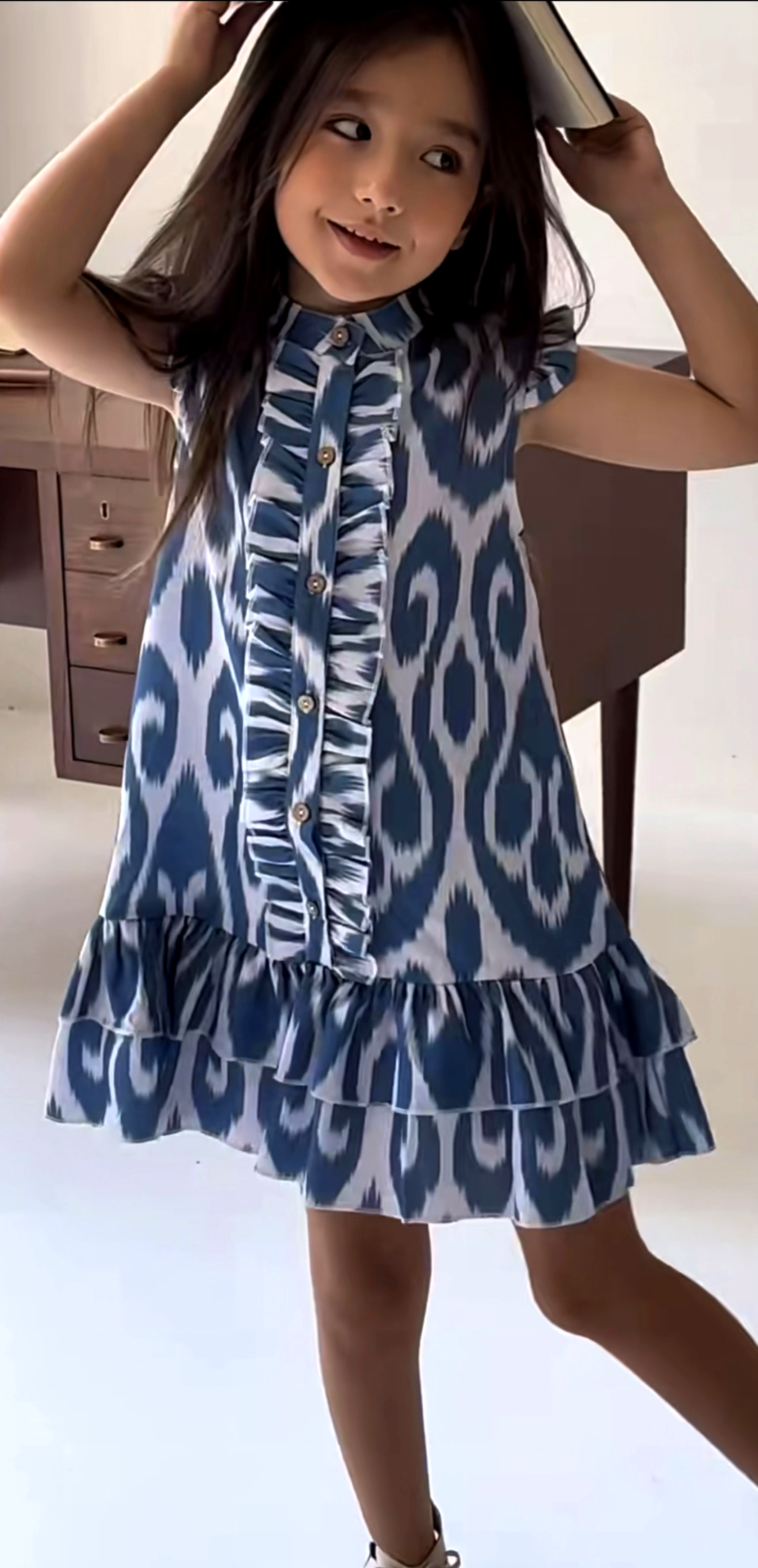 Age 5: Girls Atlas Ikat Dress – Blue Ruffle Button Dress