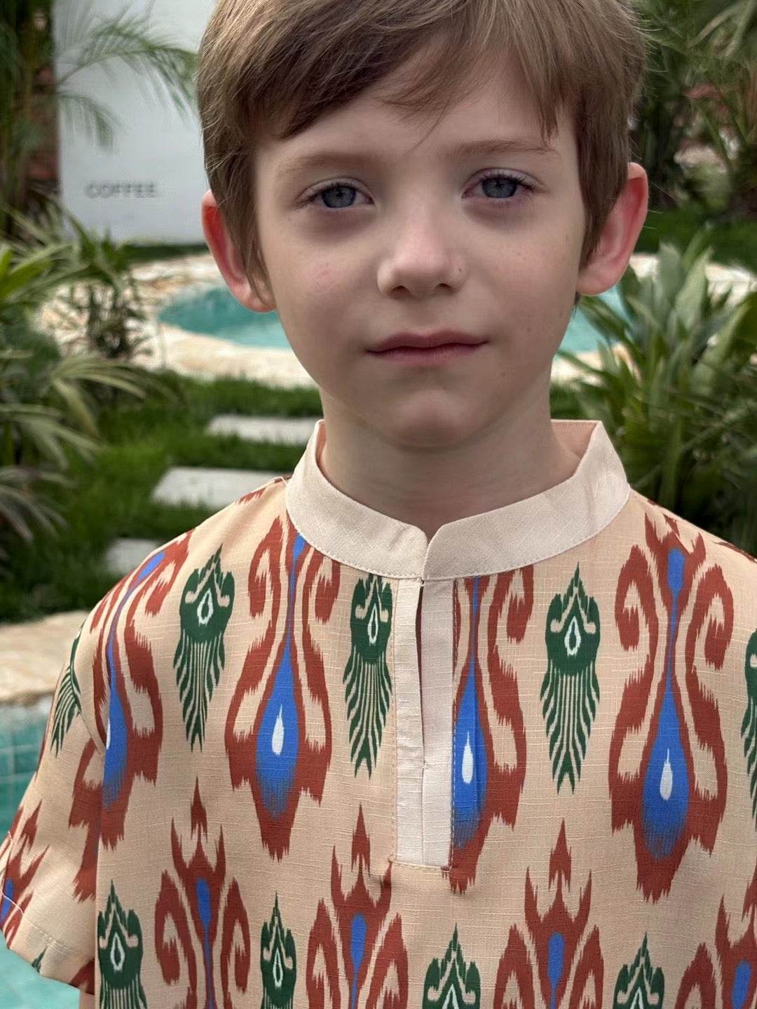 Siblings Set – Rust Ikat Dress & 2-Piece Boy’s Outfit