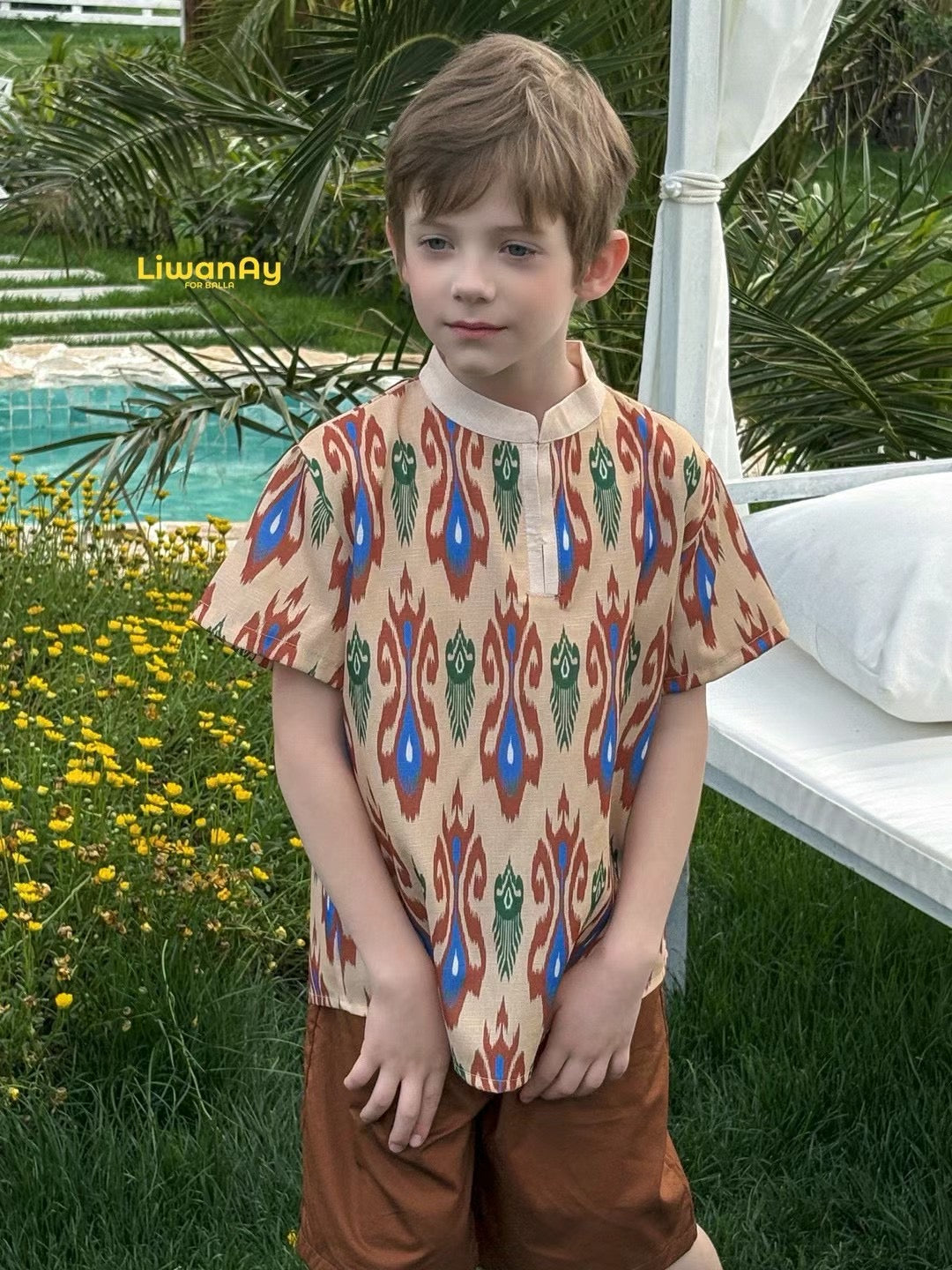 Siblings Set – Rust Ikat Dress & 2-Piece Boy’s Outfit