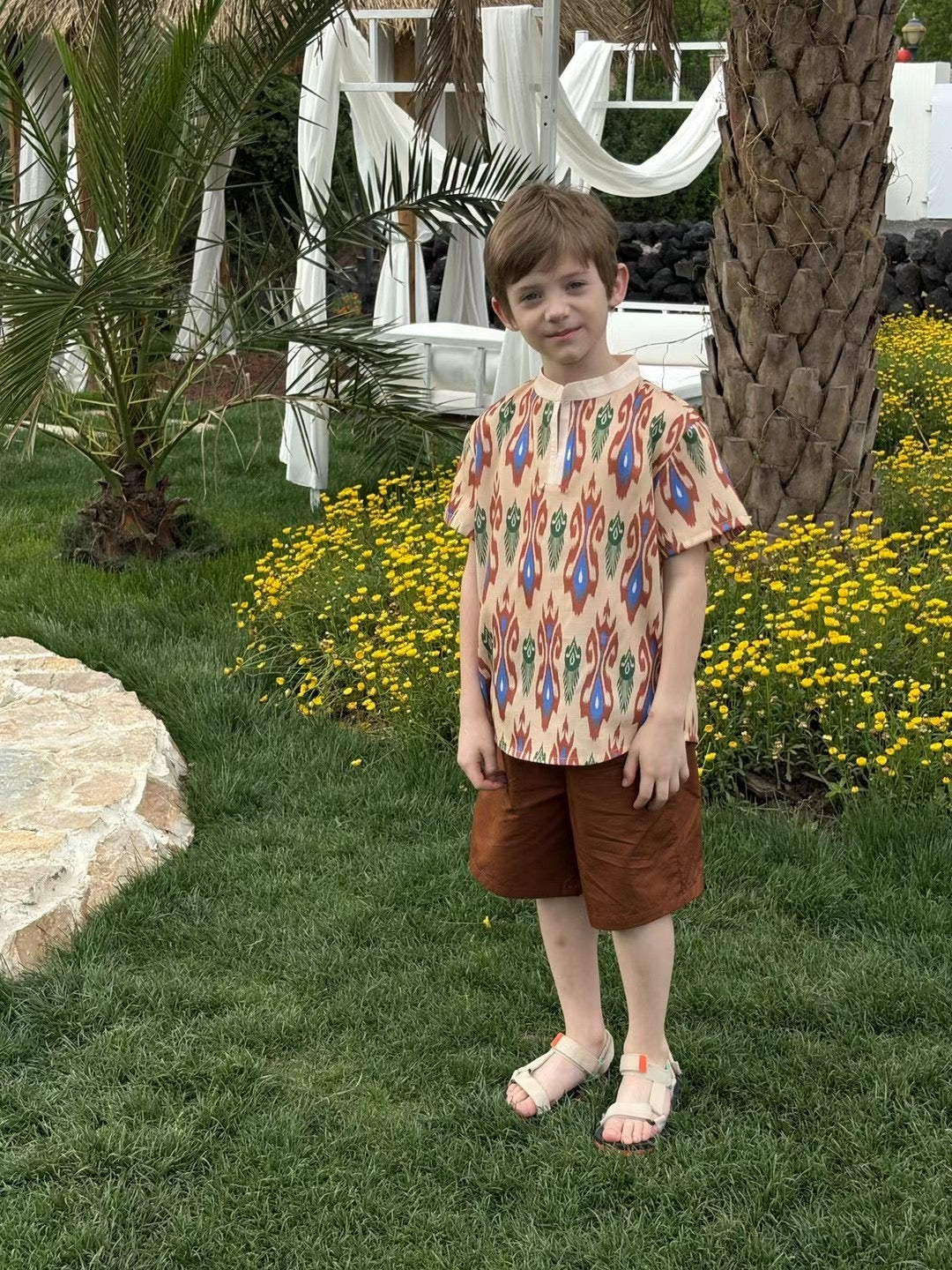 Siblings Set – Rust Ikat Dress & 2-Piece Boy’s Outfit