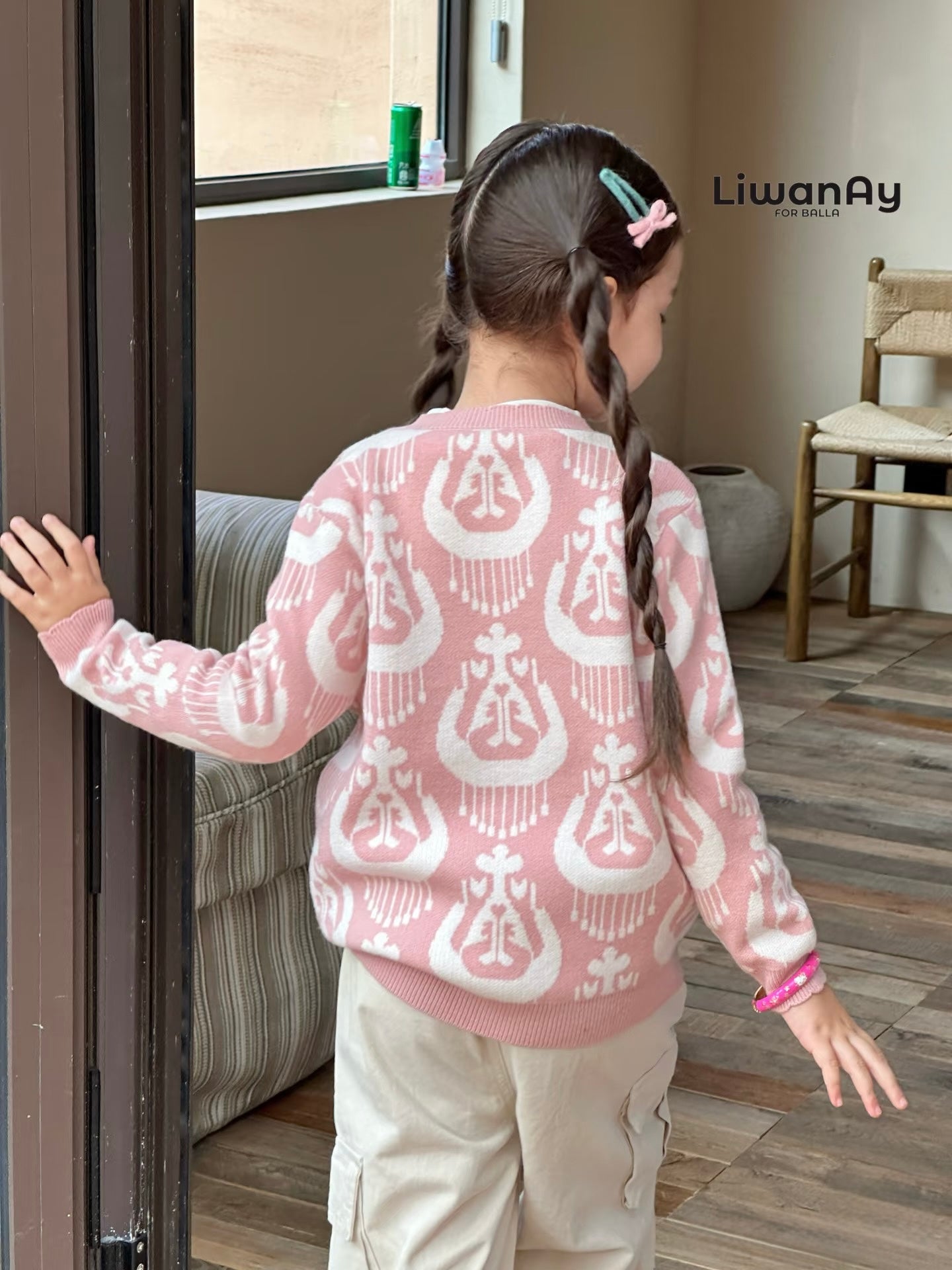 Atlas Knit Set – Anti-Pilling Cultural Pattern Cardigan & Pink Pants for Kids