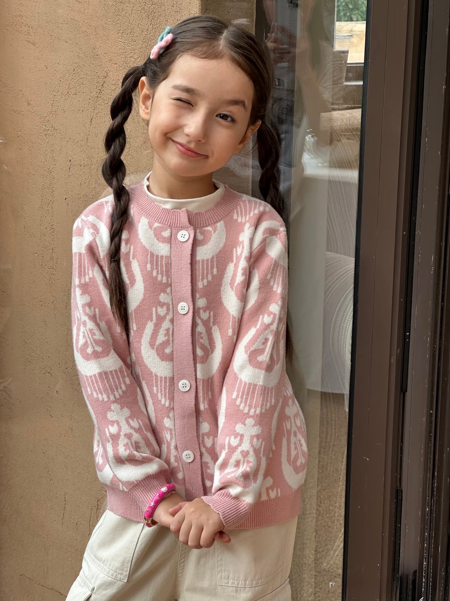 Atlas Knit Set – Anti-Pilling Cultural Pattern Cardigan & Pink Pants for Kids