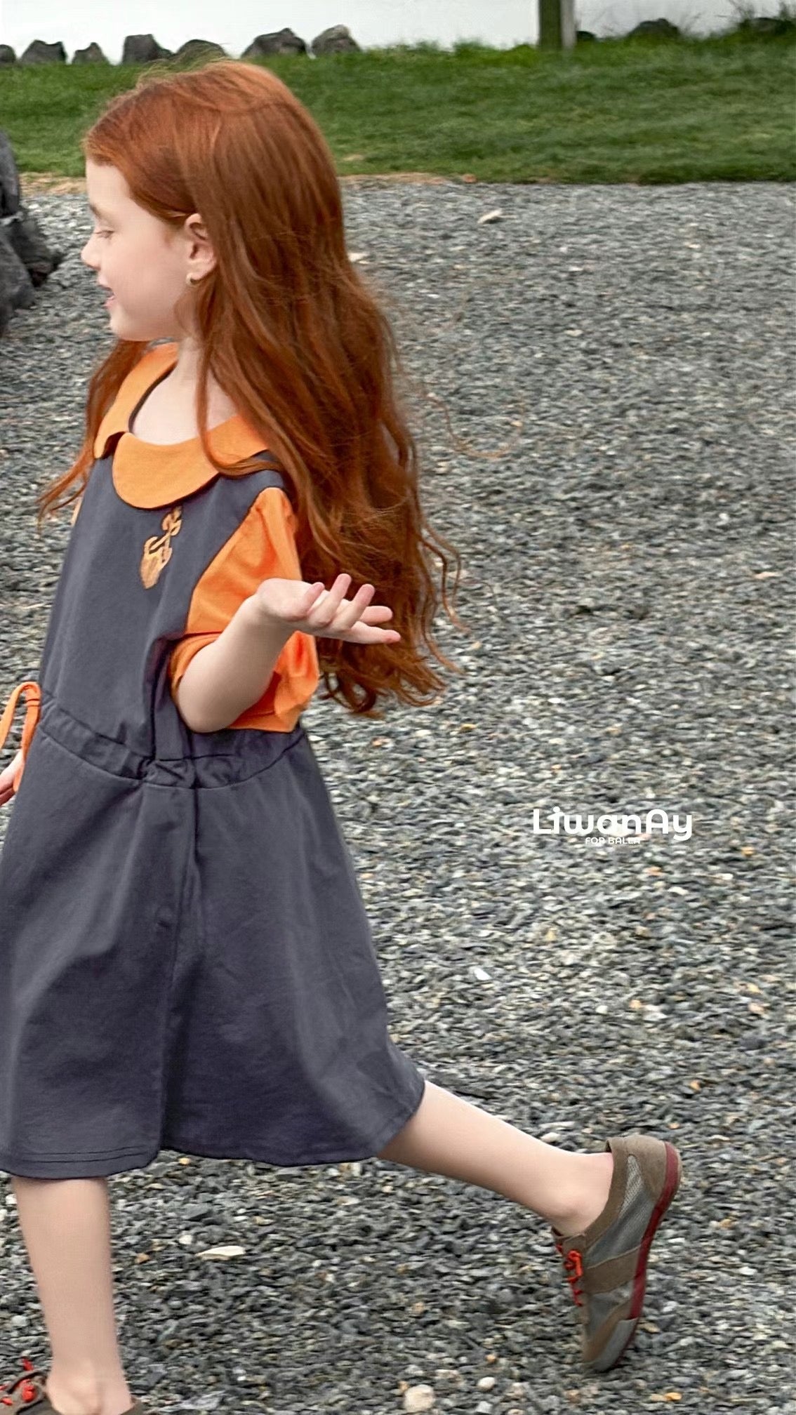 Two-Piece Sporty Pinafore Dress Set – Charcoal & Orange