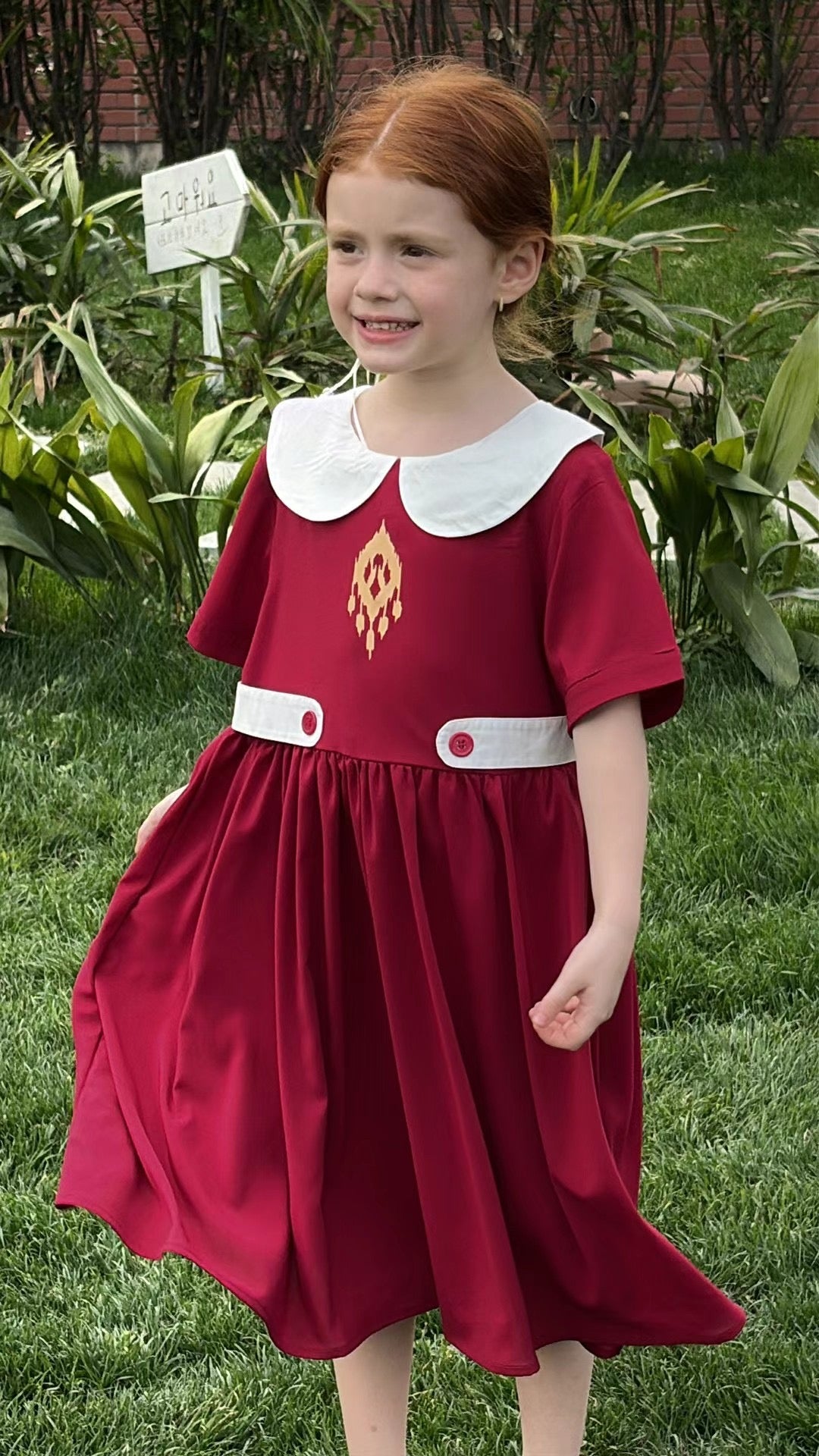 Classic Summer Embroidered Dress – Wine Red with White Collar