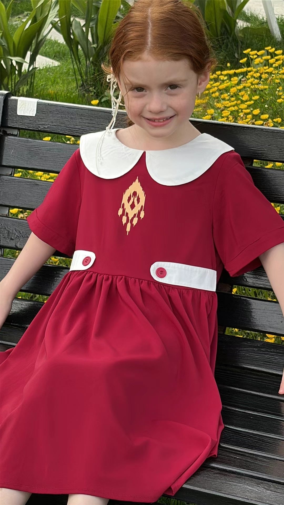 Classic Summer Embroidered Dress – Wine Red with White Collar