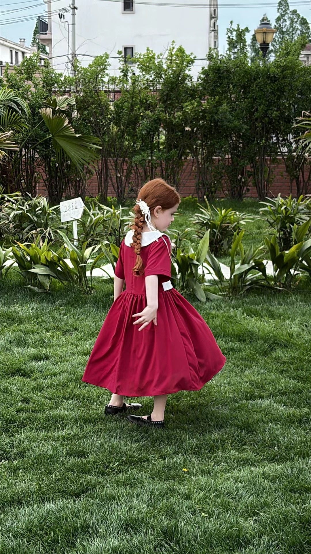 Classic Summer Embroidered Dress – Wine Red with White Collar