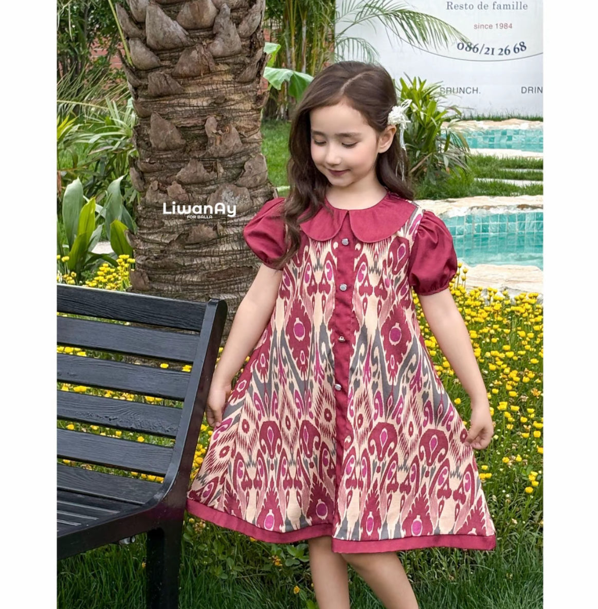Girls Ikat Puff Sleeve Button Dress – Ruby Maroon | LiwanAy