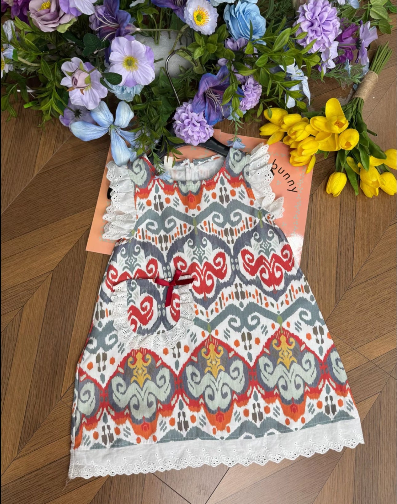 Ikat Pocket Dress with Lace Trim & Embroidered Sleeves | Liwanay Exclusive