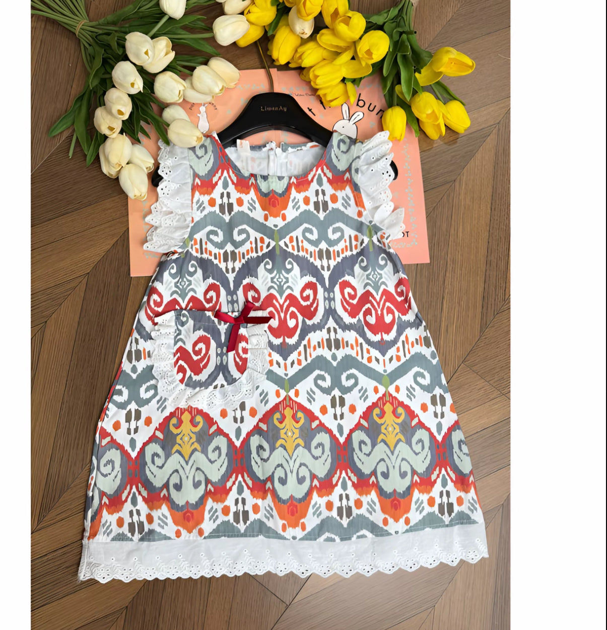 Ikat Pocket Dress with Lace Trim & Embroidered Sleeves | Liwanay Exclusive