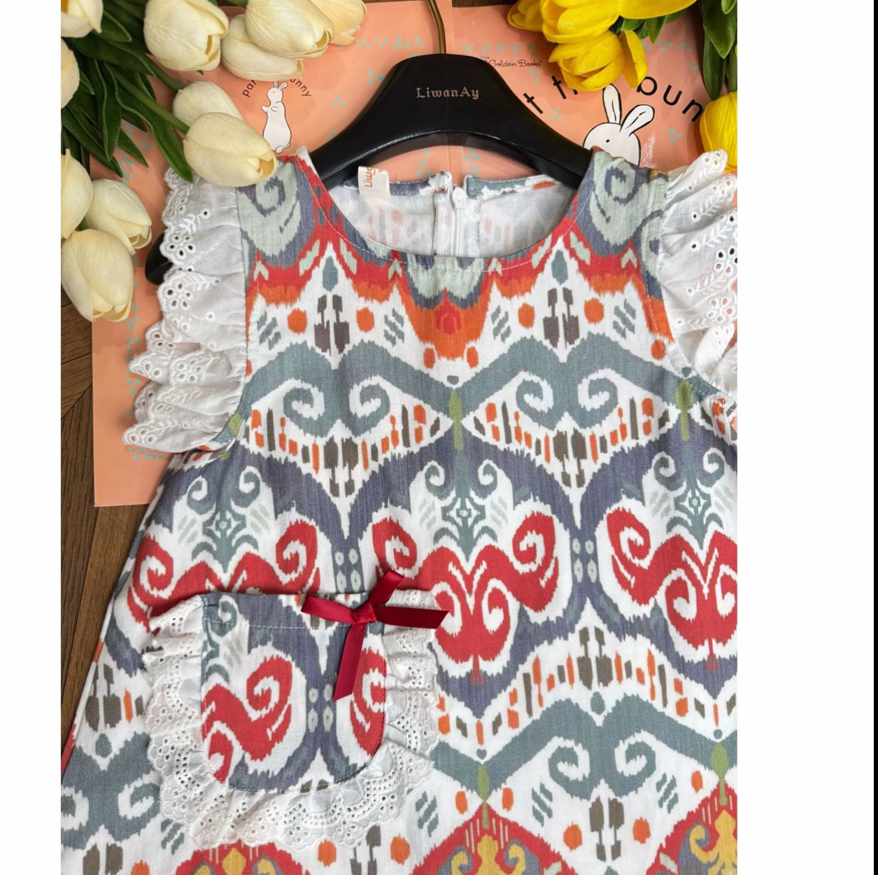 Ikat Pocket Dress with Lace Trim & Embroidered Sleeves | Liwanay Exclusive