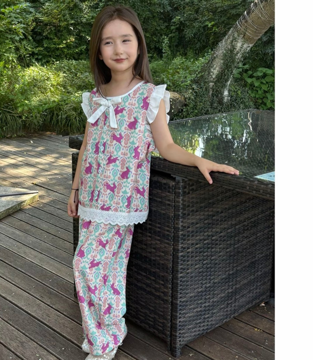 Girls' Cotton Lounge Set – Pink & Aqua Atlas Print