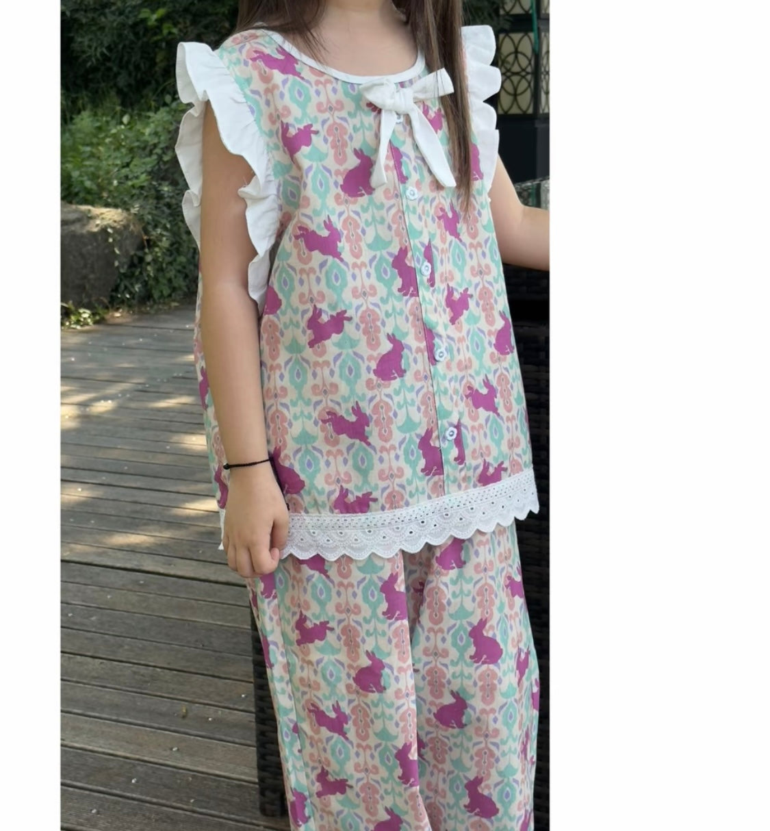 Girls' Cotton Lounge Set – Pink & Aqua Atlas Print