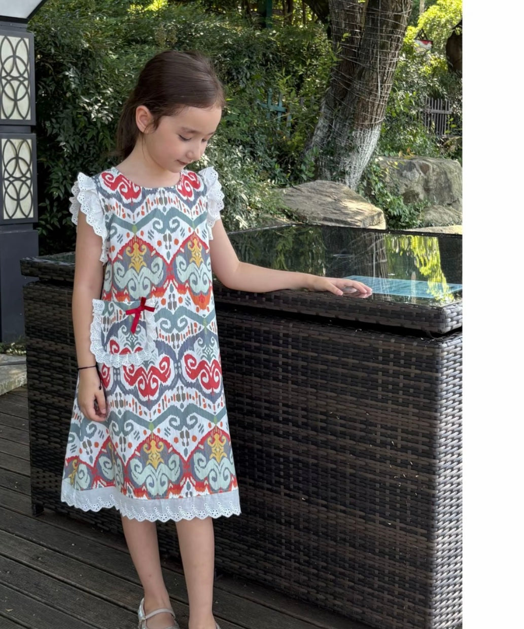 Ikat Pocket Dress with Lace Trim & Embroidered Sleeves | Liwanay Exclusive