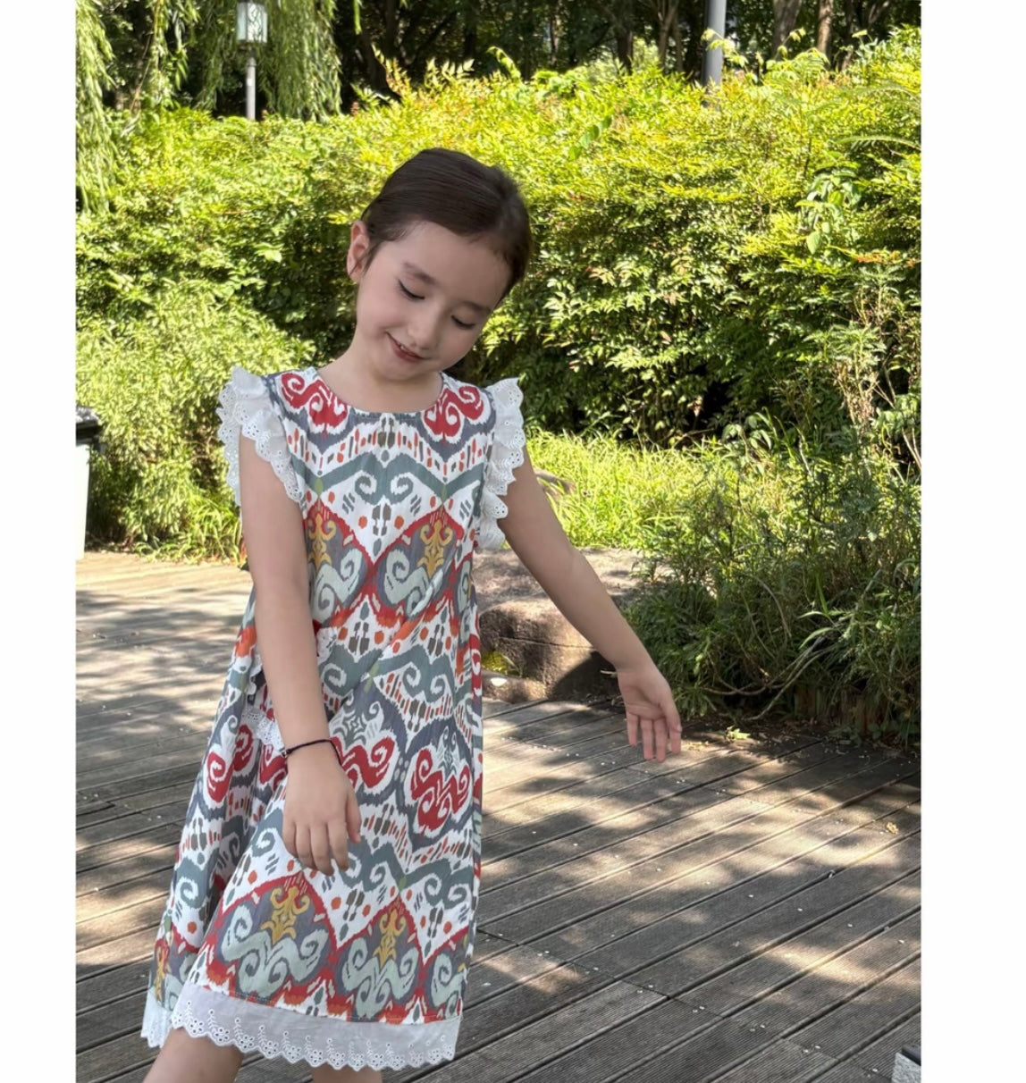 Ikat Pocket Dress with Lace Trim & Embroidered Sleeves | Liwanay Exclusive