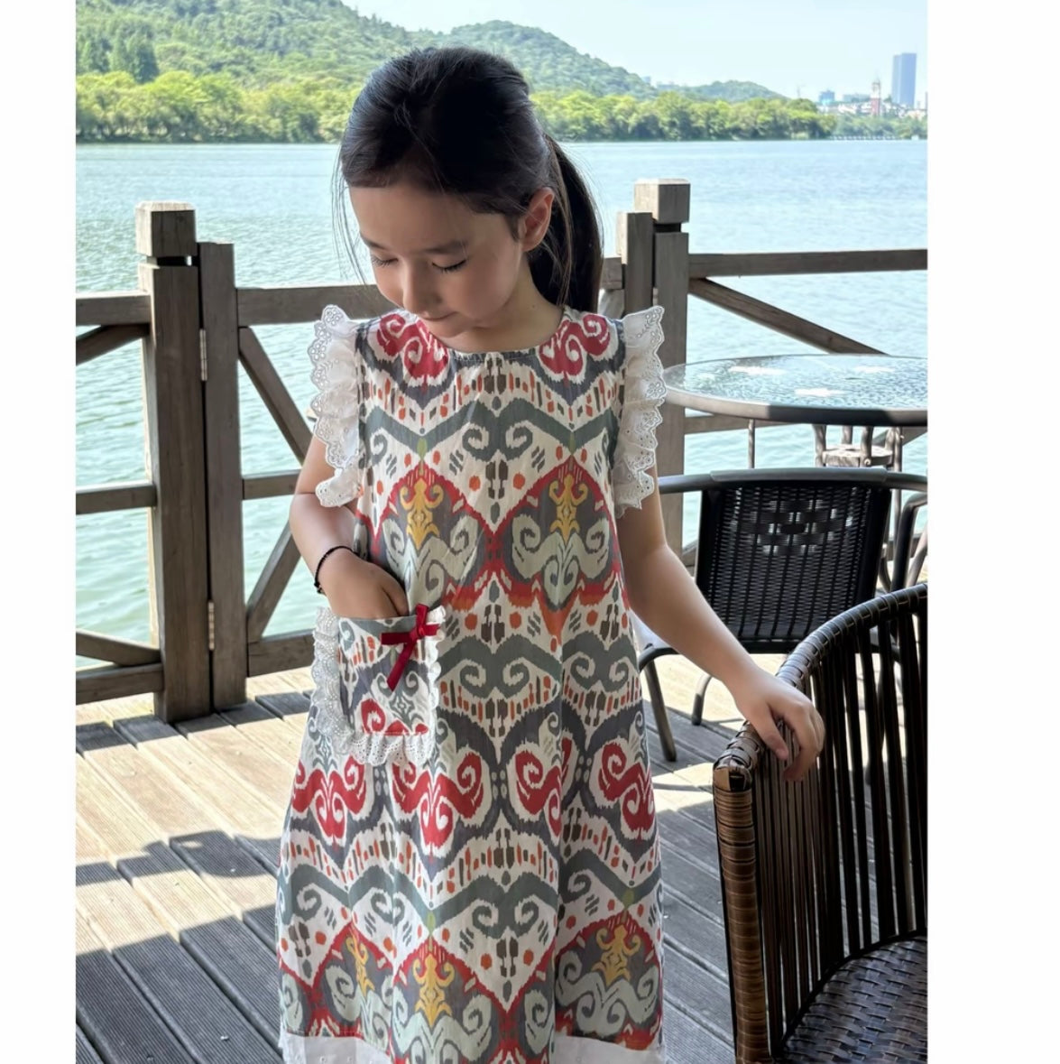 Ikat Pocket Dress with Lace Trim & Embroidered Sleeves | Liwanay Exclusive