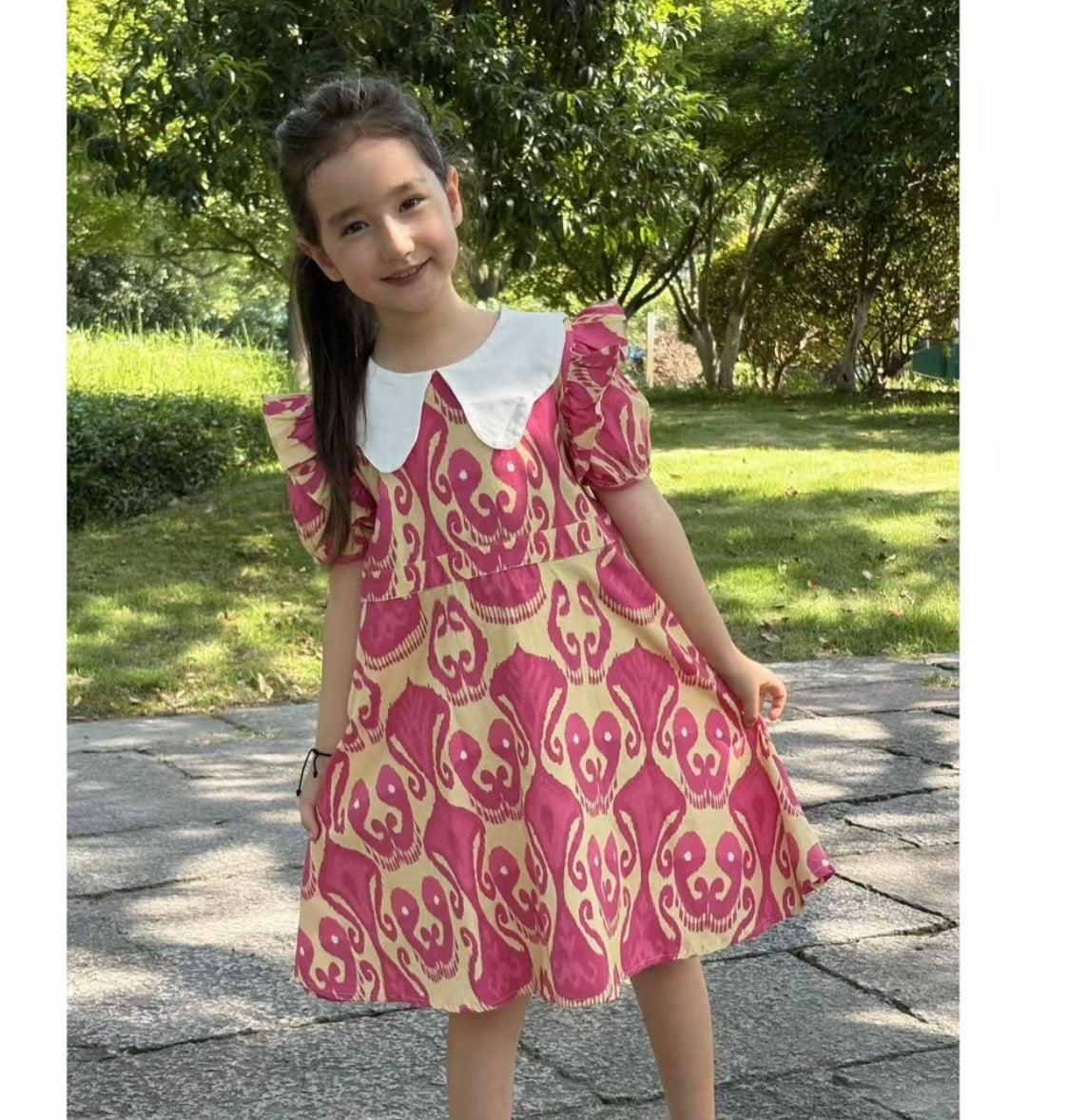 Pink & Yellow Atlas Puff Sleeve Dress – Girl's Ikat Heritage Style