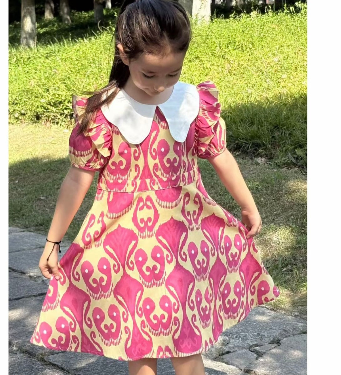 Pink & Yellow Atlas Puff Sleeve Dress – Girl's Ikat Heritage Style