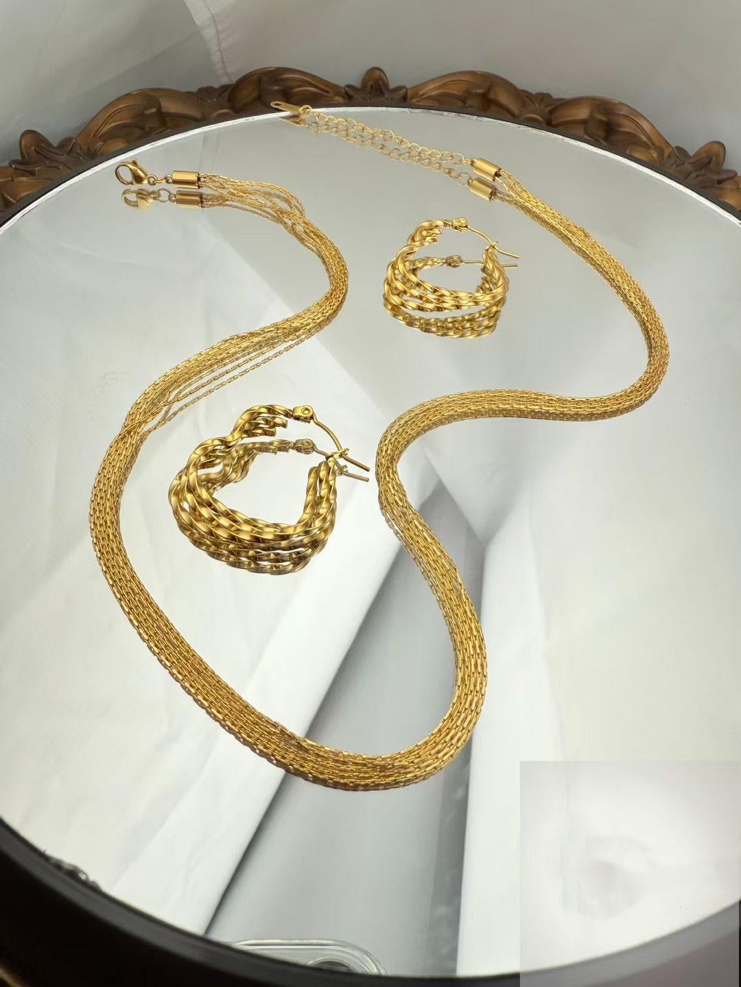 Gold Color Stainless Steel Braided Necklace & Hoop Earrings Set