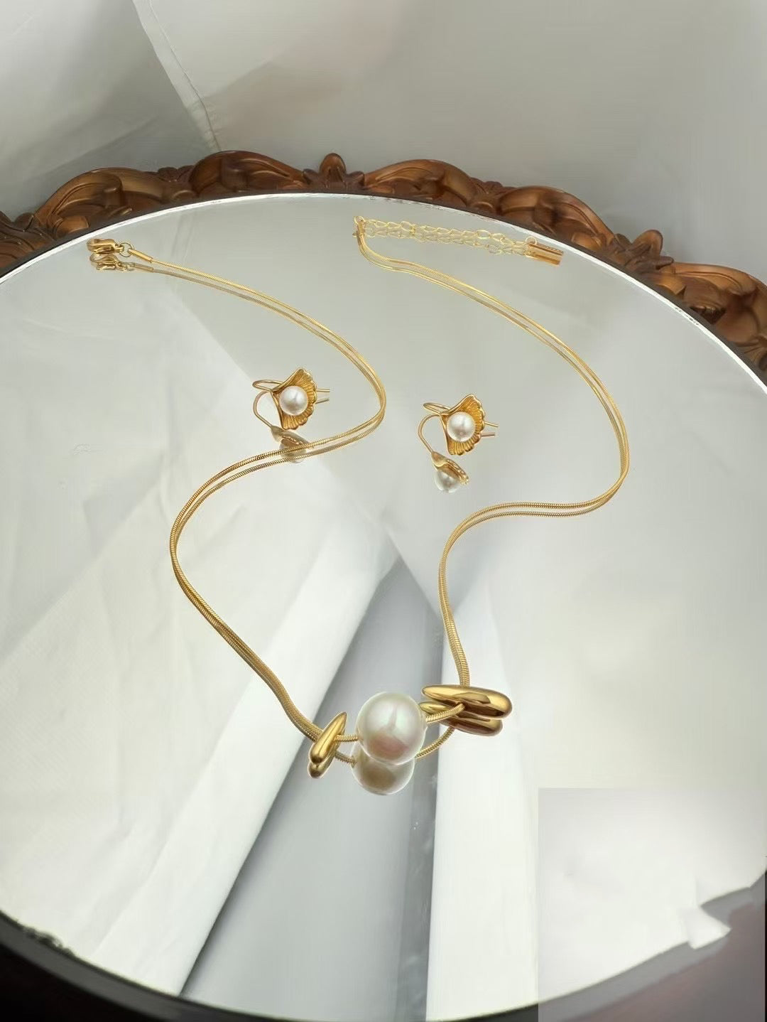 Gold Color Stainless Steel Pearl Necklace & Earrings Set – Modern Elegance