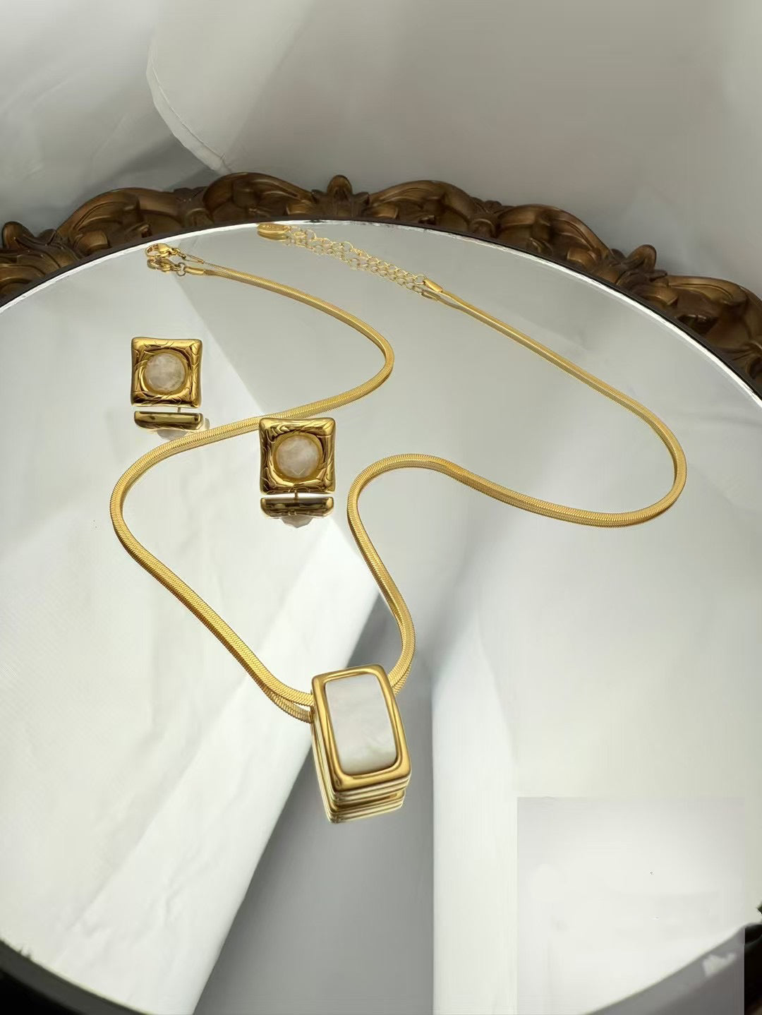 Gold Color Stainless Steel Necklace & Earrings Set – White Stone Square Design（61）