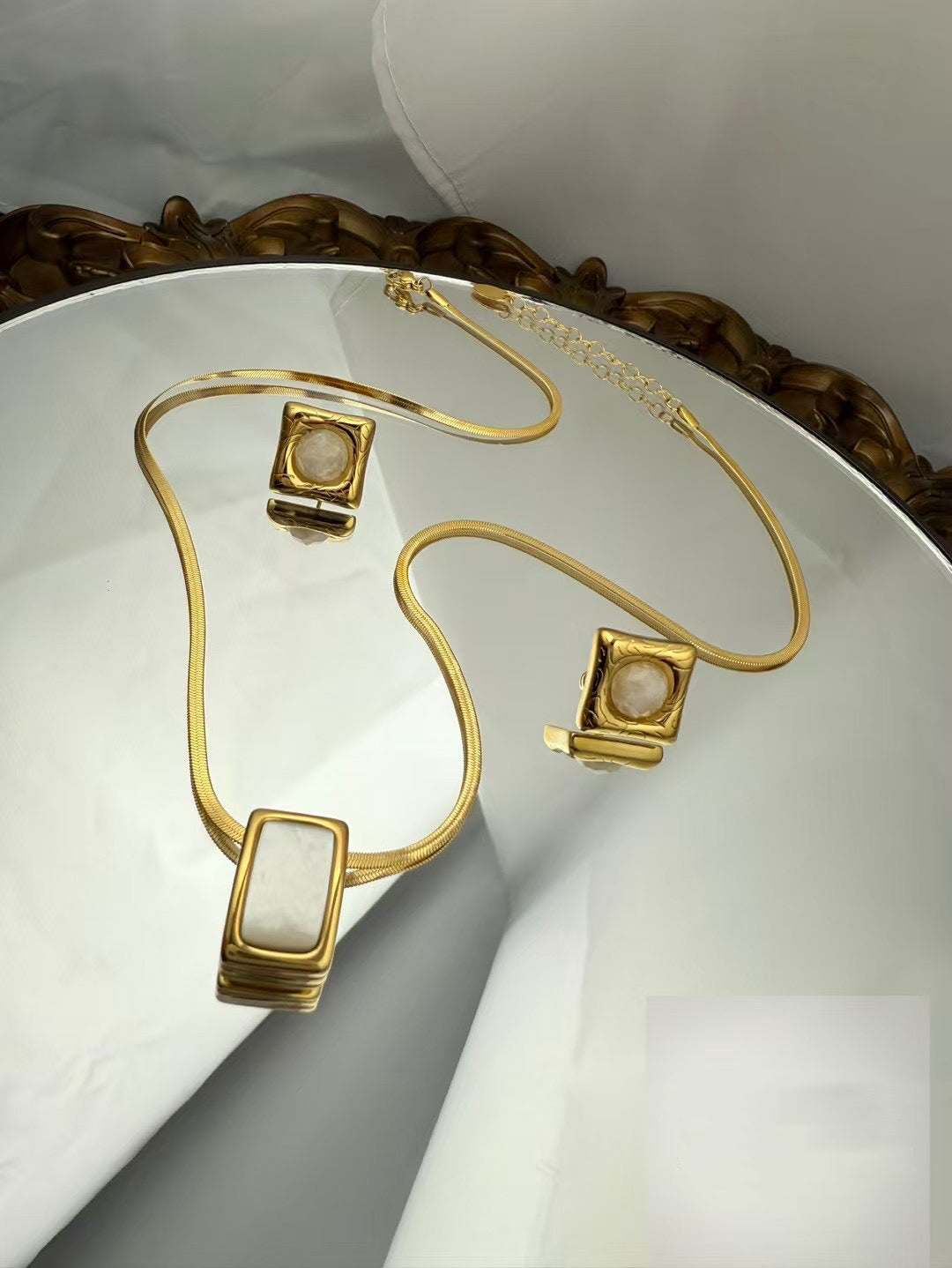 Gold Color Stainless Steel Necklace & Earrings Set – White Stone Square Design（61）