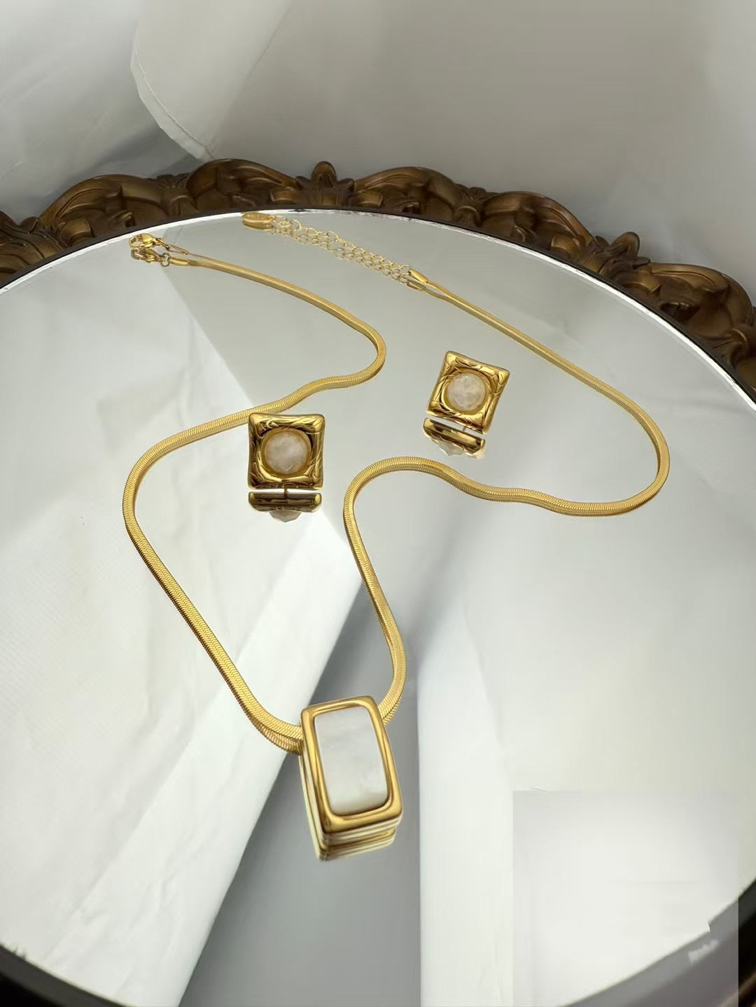 Gold Color Stainless Steel Necklace & Earrings Set – White Stone Square Design（61）