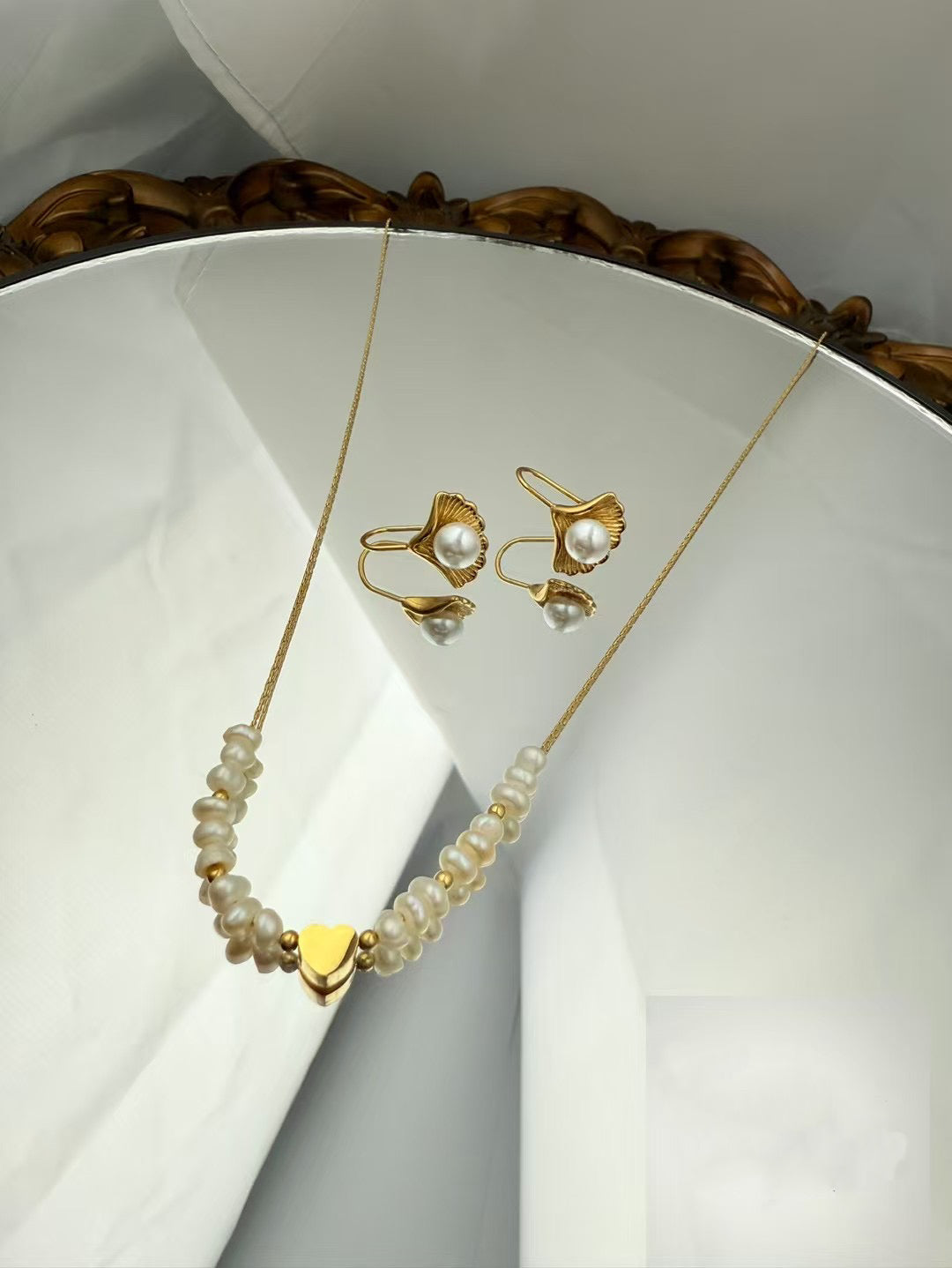 Gold Color Stainless Steel Pearl Necklace & Earrings Set – Heart & Floral Design（52）
