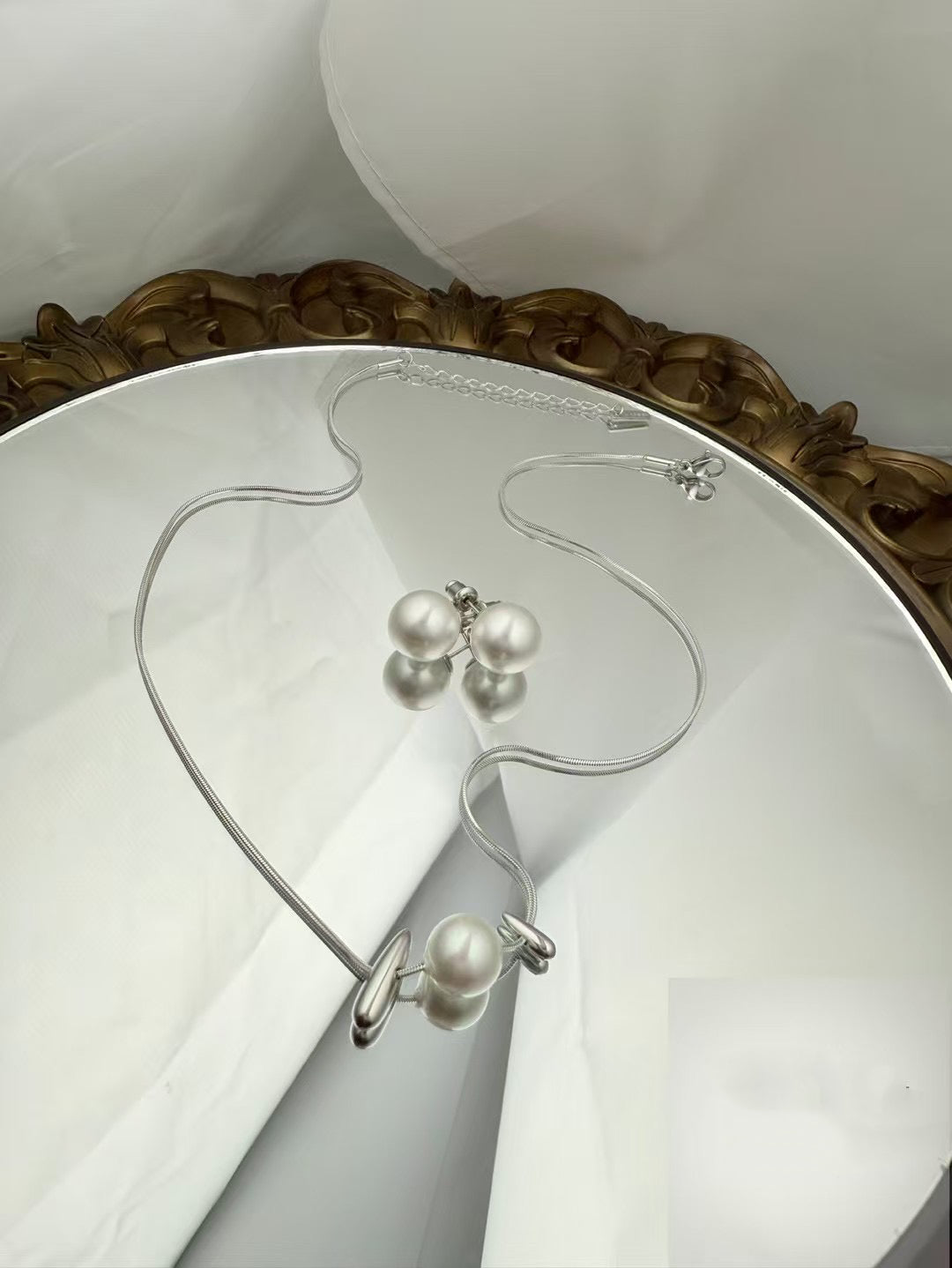 Silver Color Stainless Steel Pearl Necklace & Earrings Set – Modern Elegance（51）