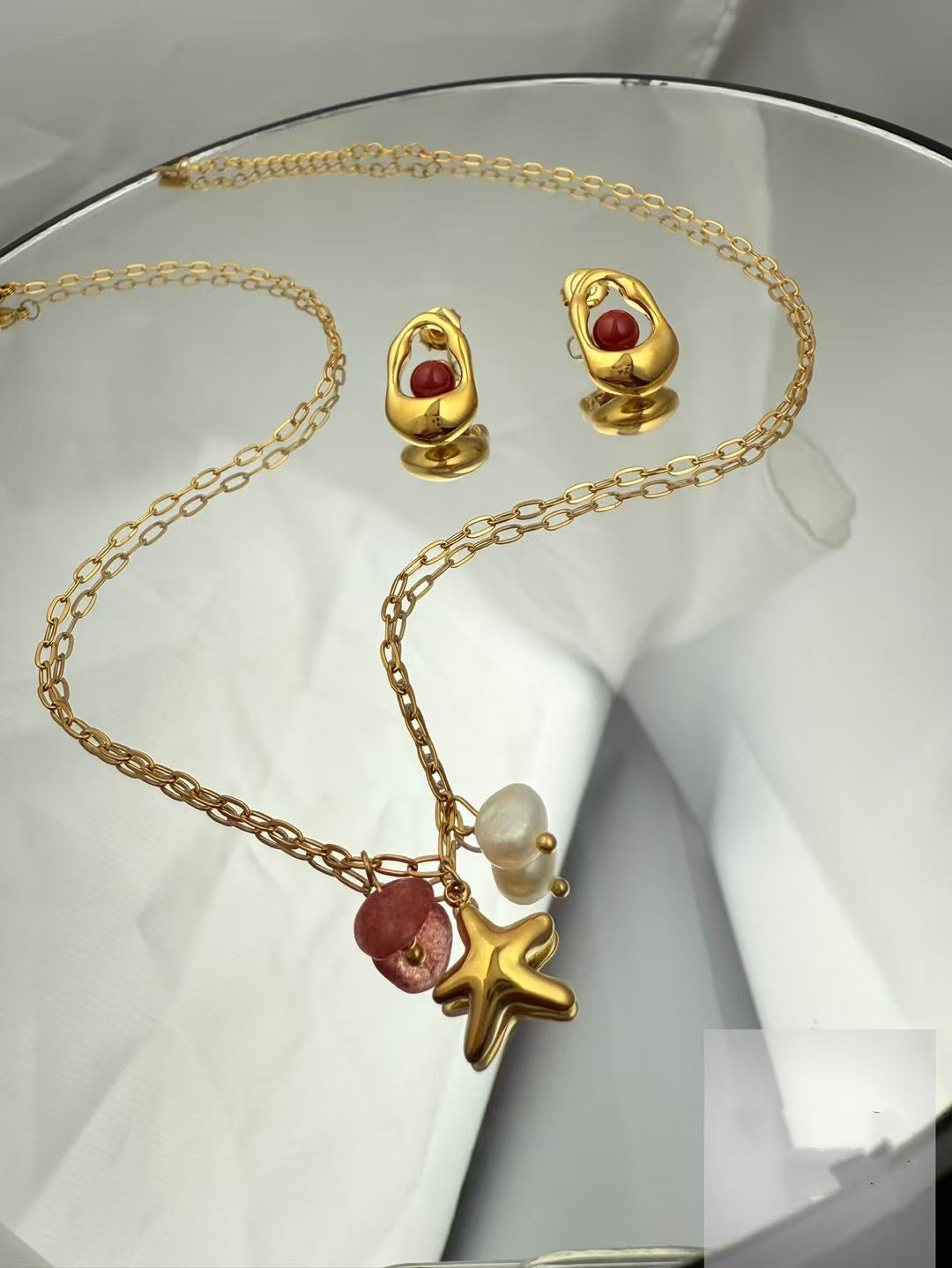 Gold Color Stainless Steel Necklace & Earrings Set – Star & Gemstone Charms（62）