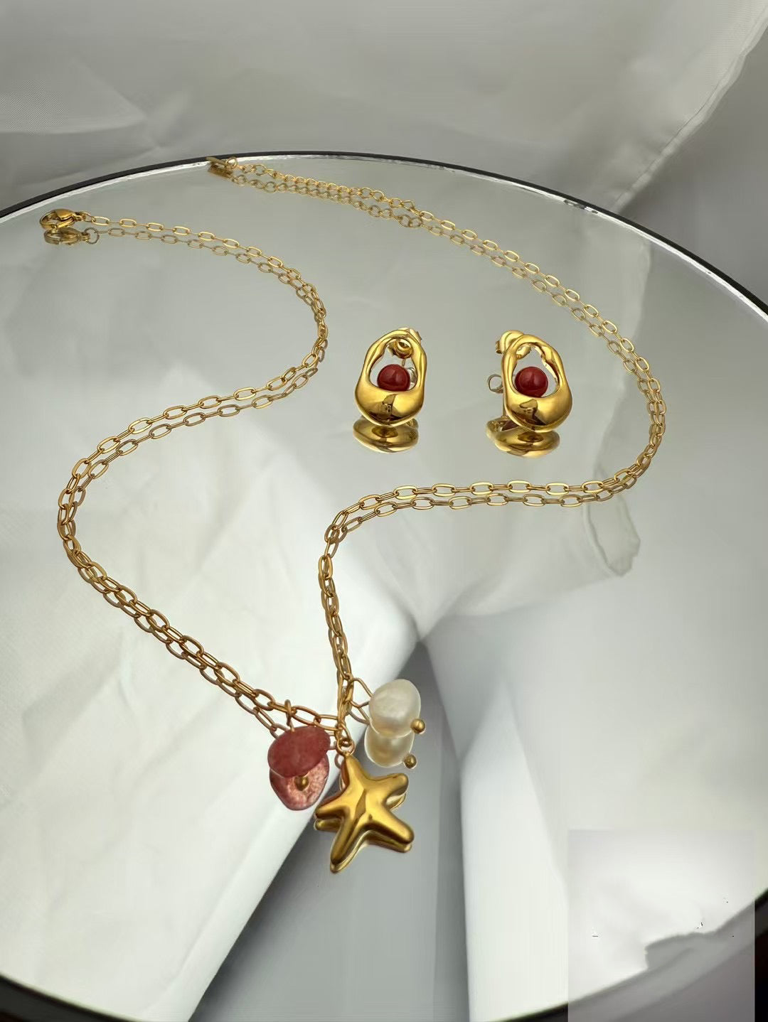 Gold Color Stainless Steel Necklace & Earrings Set – Star & Gemstone Charms（62）