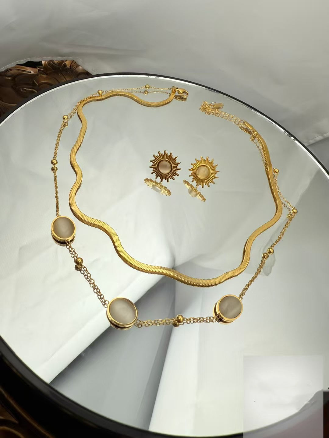 Gold Color Stainless Steel Layered Necklace & Earrings Set – Sun & Stone Design(72)