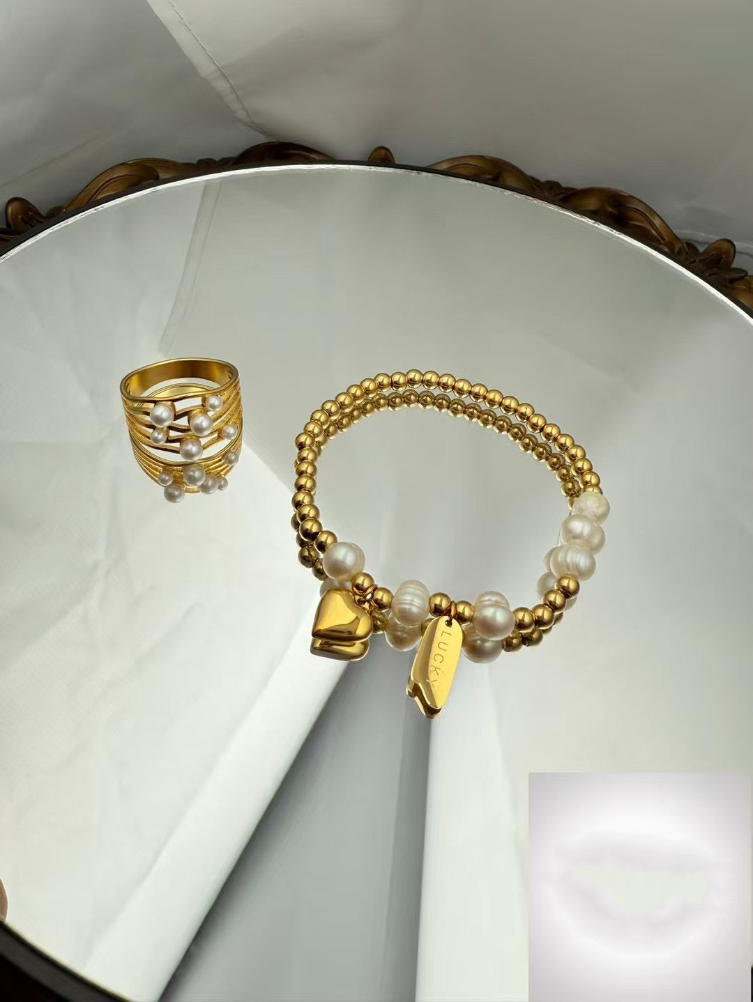 Gold Color Stainless Steel Bracelet & Pearl Ring Set – Lucky Charm Design