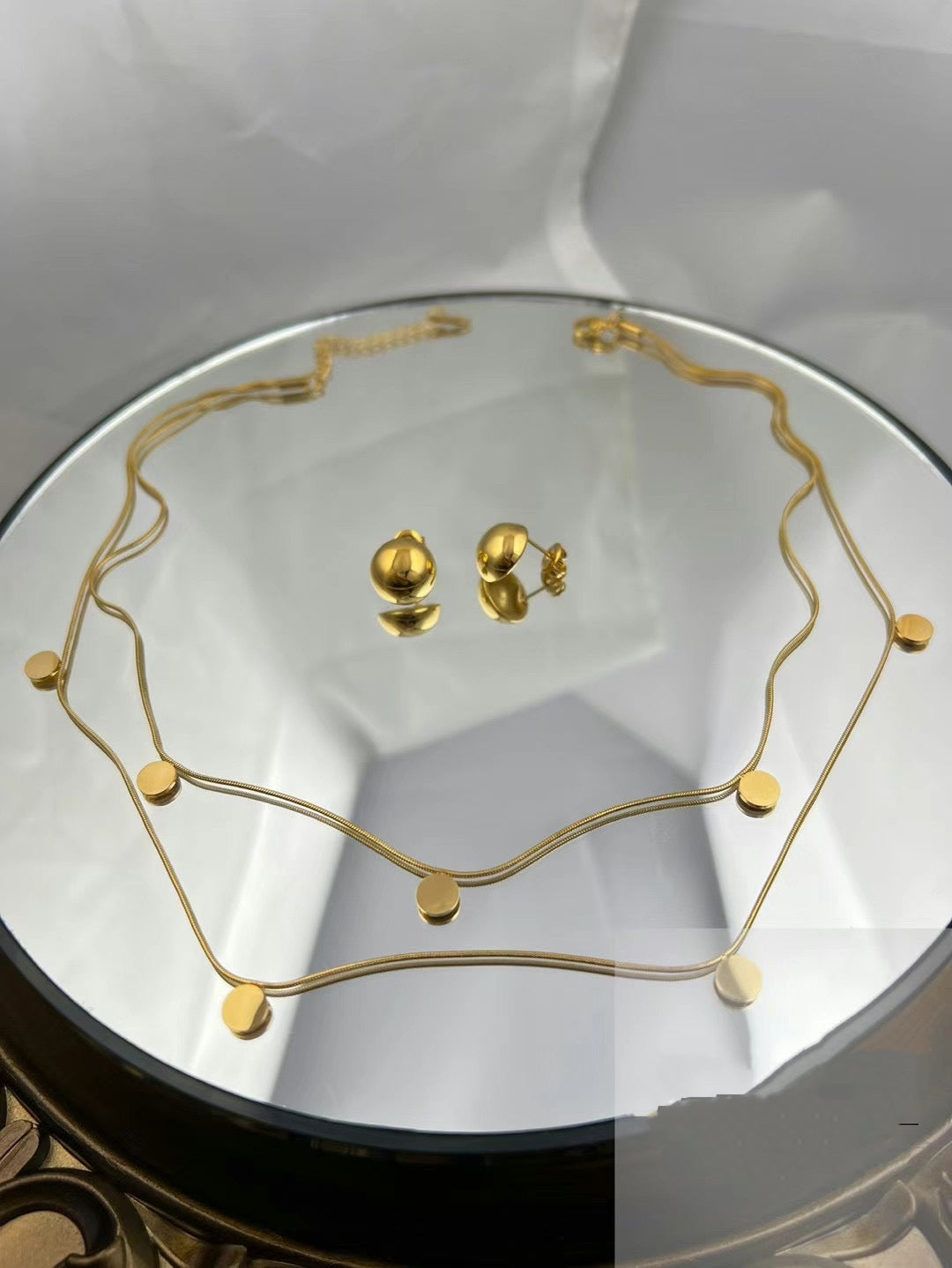 Gold Color Stainless Steel Minimalist Layered Necklace & Earrings Set(78)