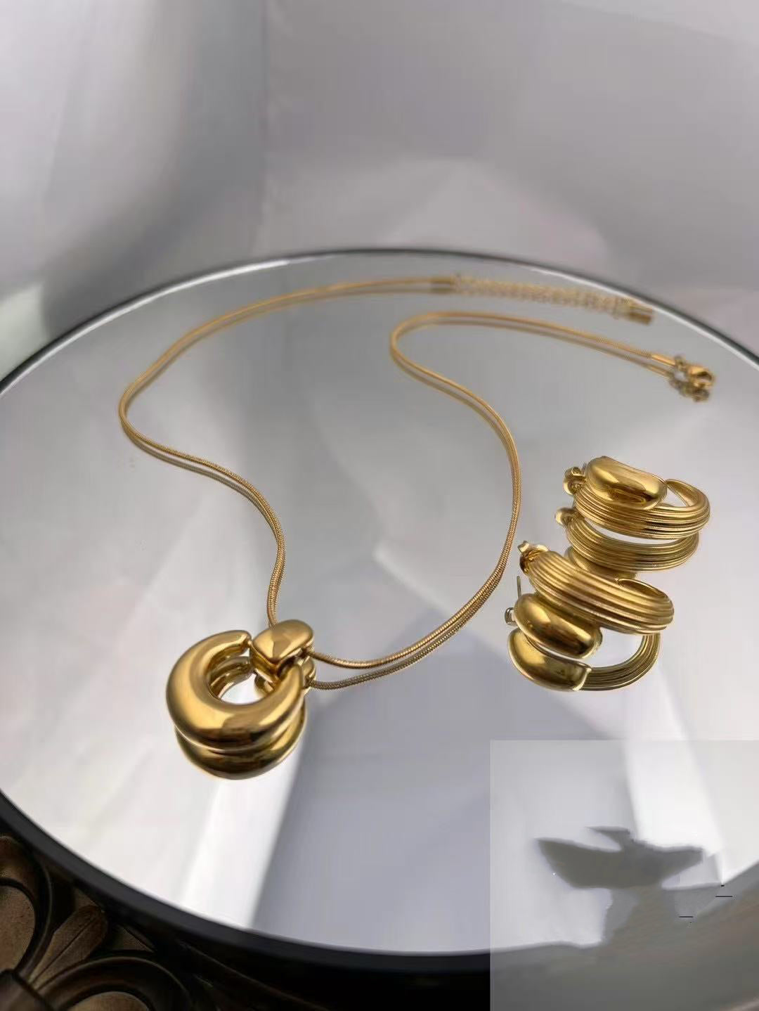 Gold Color Stainless Steel Necklace & Earrings Set – Bold Hoop Design(77)