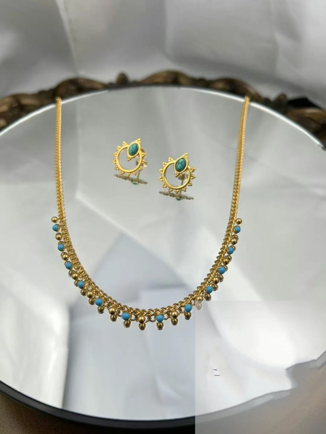 Gold Color Stainless Steel Necklace & Earrings Set – Turquoise Inspired(75)