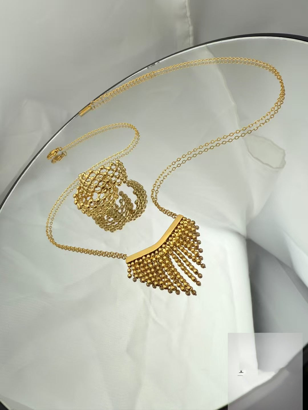 Gold Color Stainless Steel Fringe Necklace – Statement Beaded Design（65）