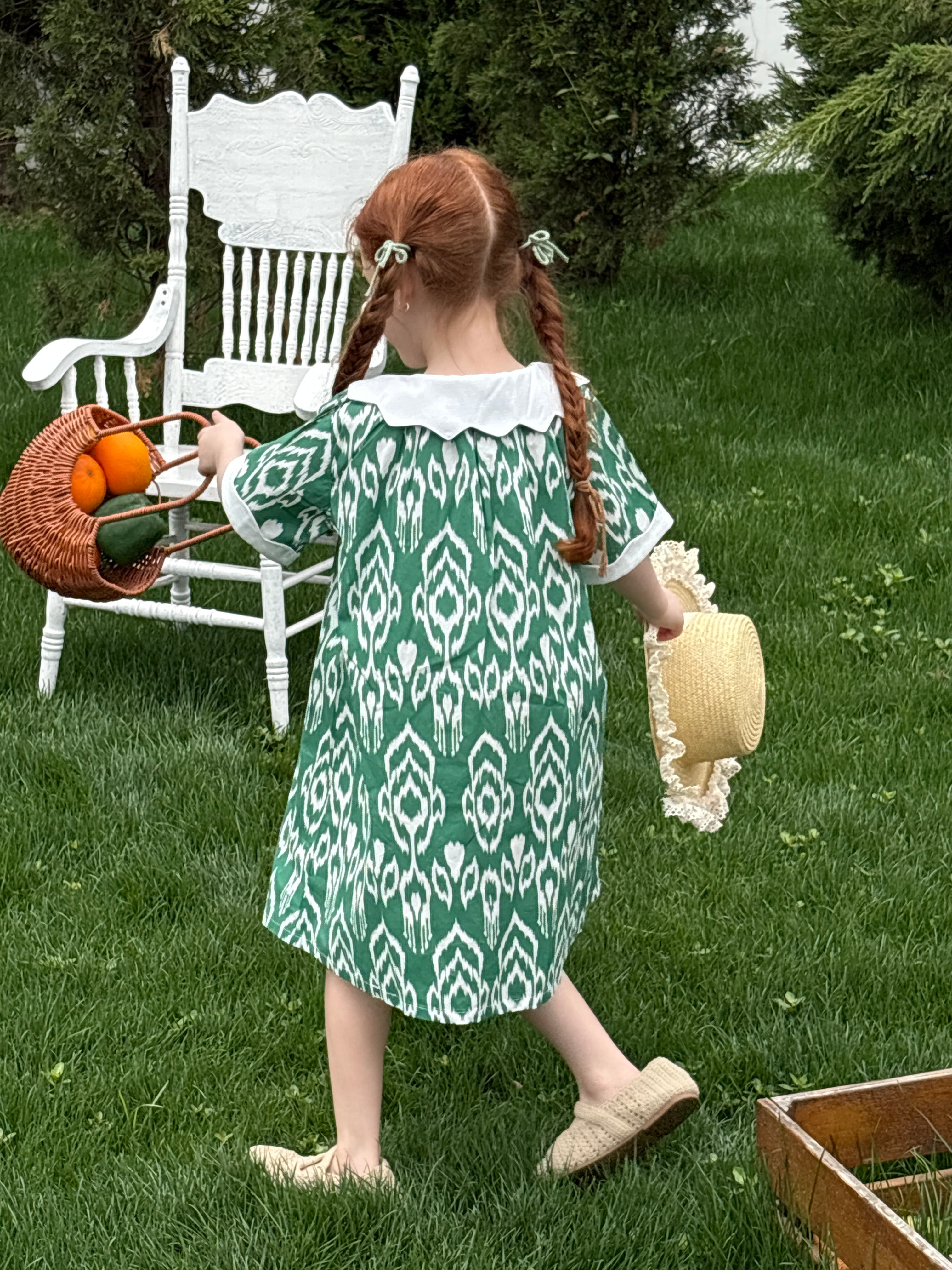 Green Ikat Cotton Dress with White Collar