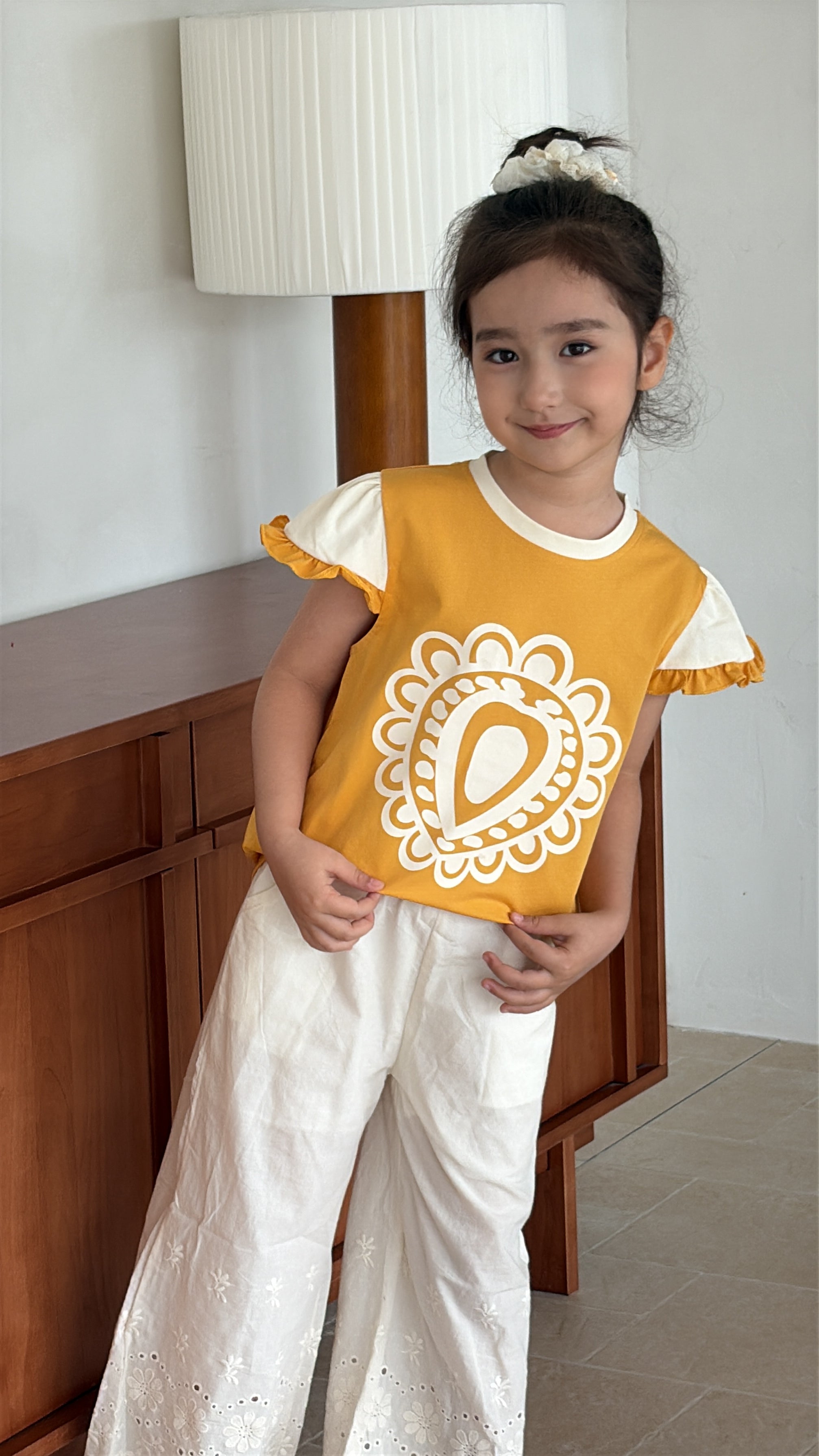 Badam Bloom Cotton Top with Lace Trim – Mustard & Brick Red