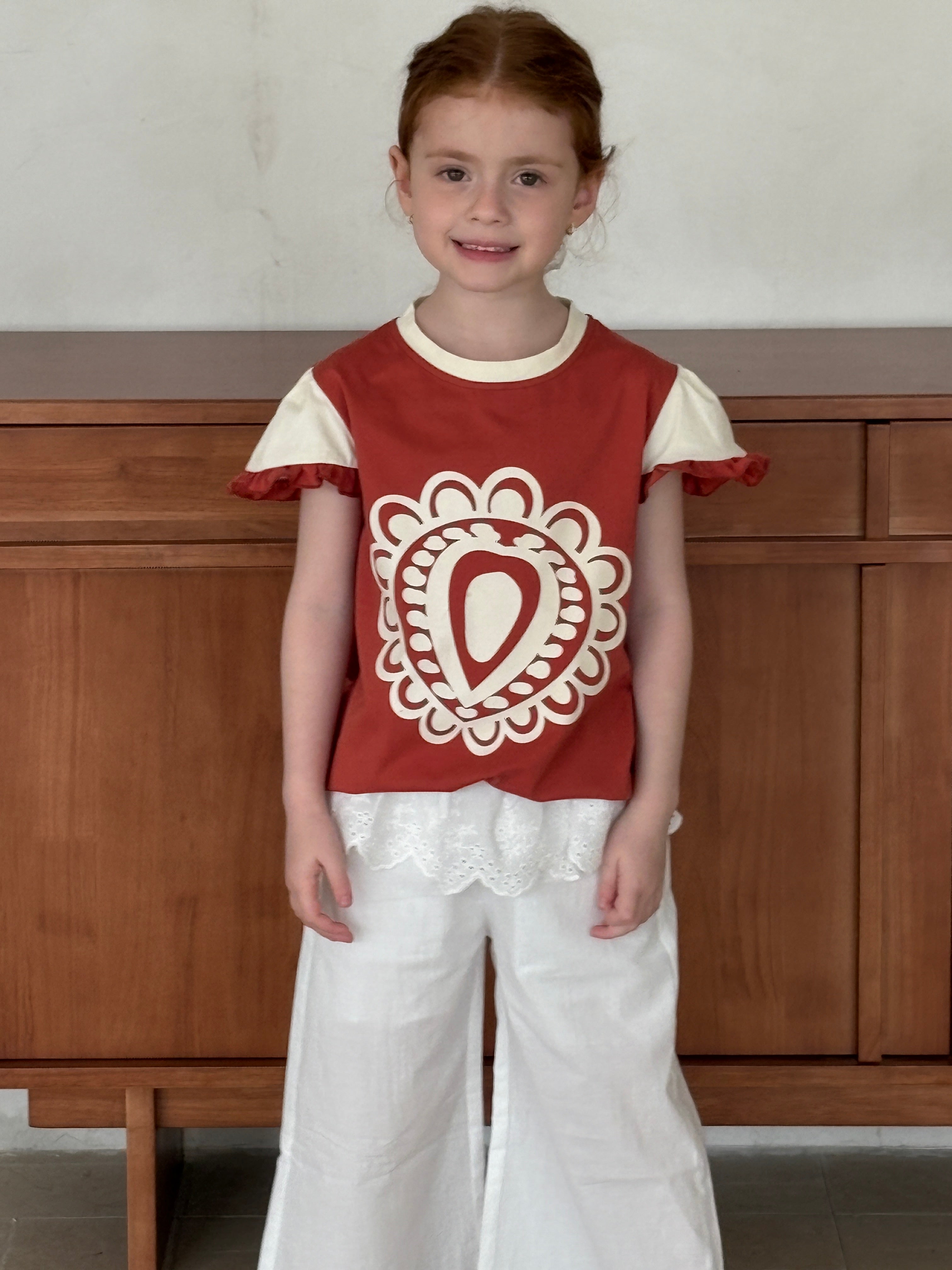 Badam Bloom Cotton Top with Lace Trim – Mustard & Brick Red