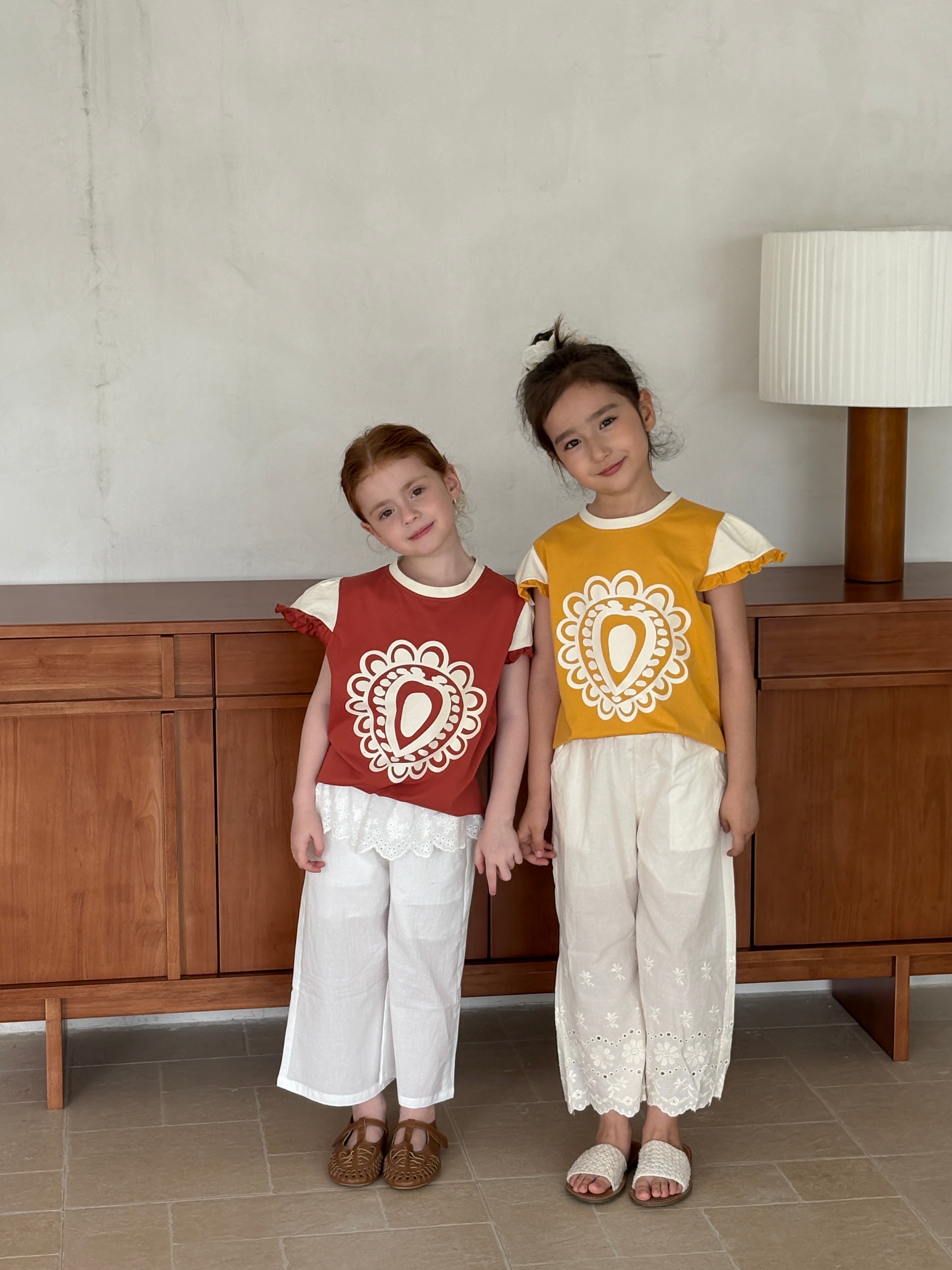 Badam Bloom Cotton Top with Lace Trim – Mustard & Brick Red