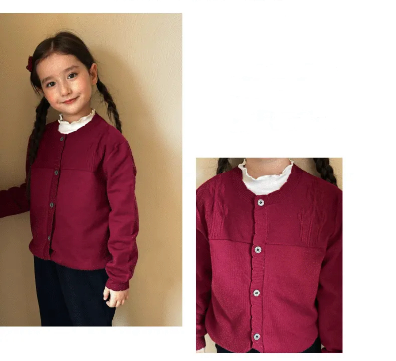 Girls' Retro Knit Cardigan with Raised Atlas Embroidery – Burgundy