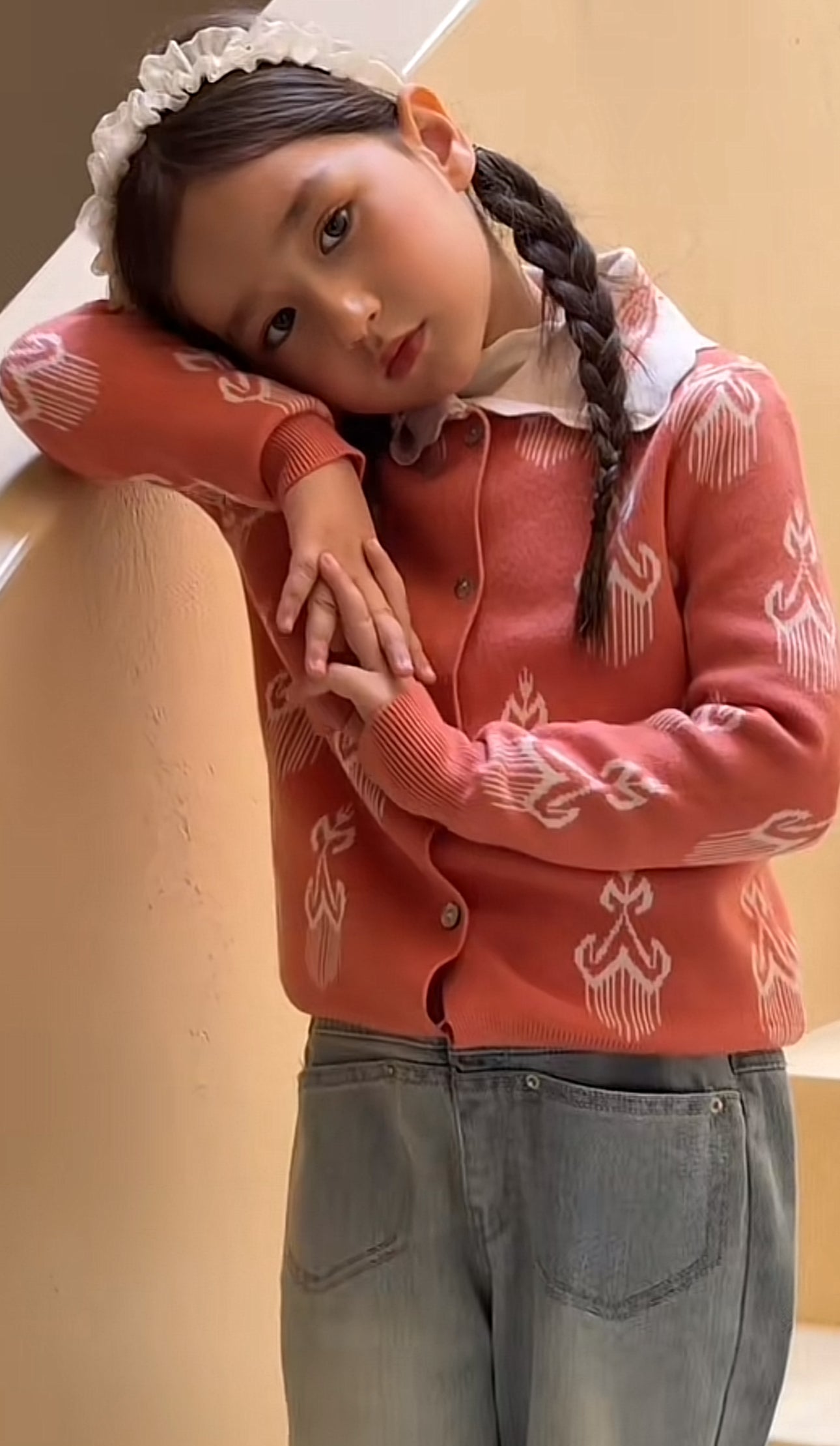 Girls' Atlas-Inspired Knit Cardigan – Coral Pink