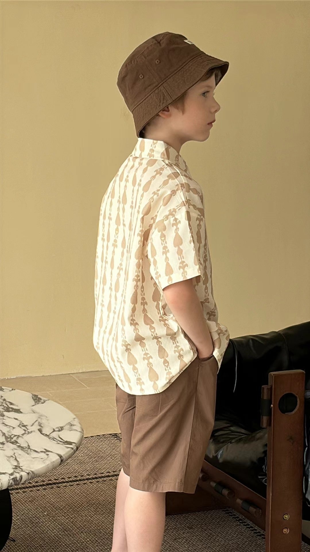 “Desert Leaf” Boys’ Ikat/  Atlas Cotton Shirt – Elegant Neutral Tones | 100% Cotton
