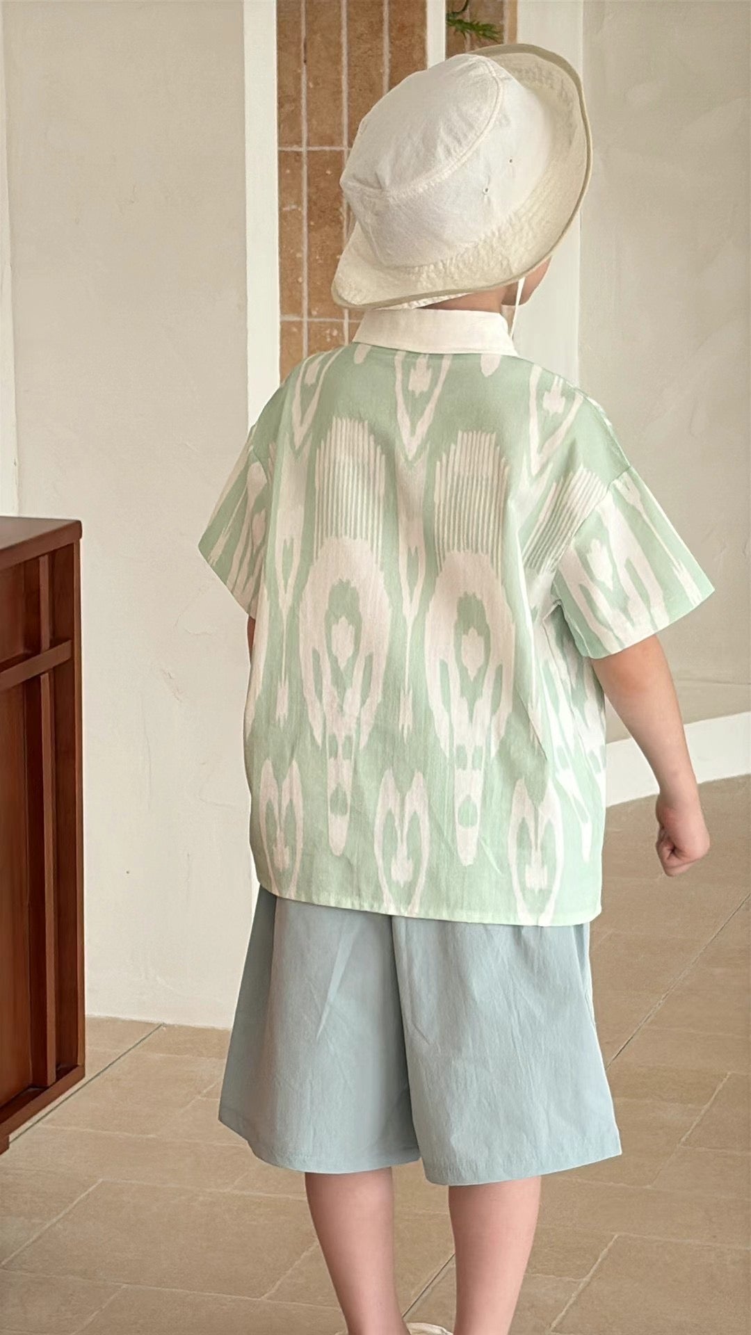 “Mint Nomad” Boys’ Atlas Ikat Shirt – 100% Cotton | Uzbek-Inspired Summer Style