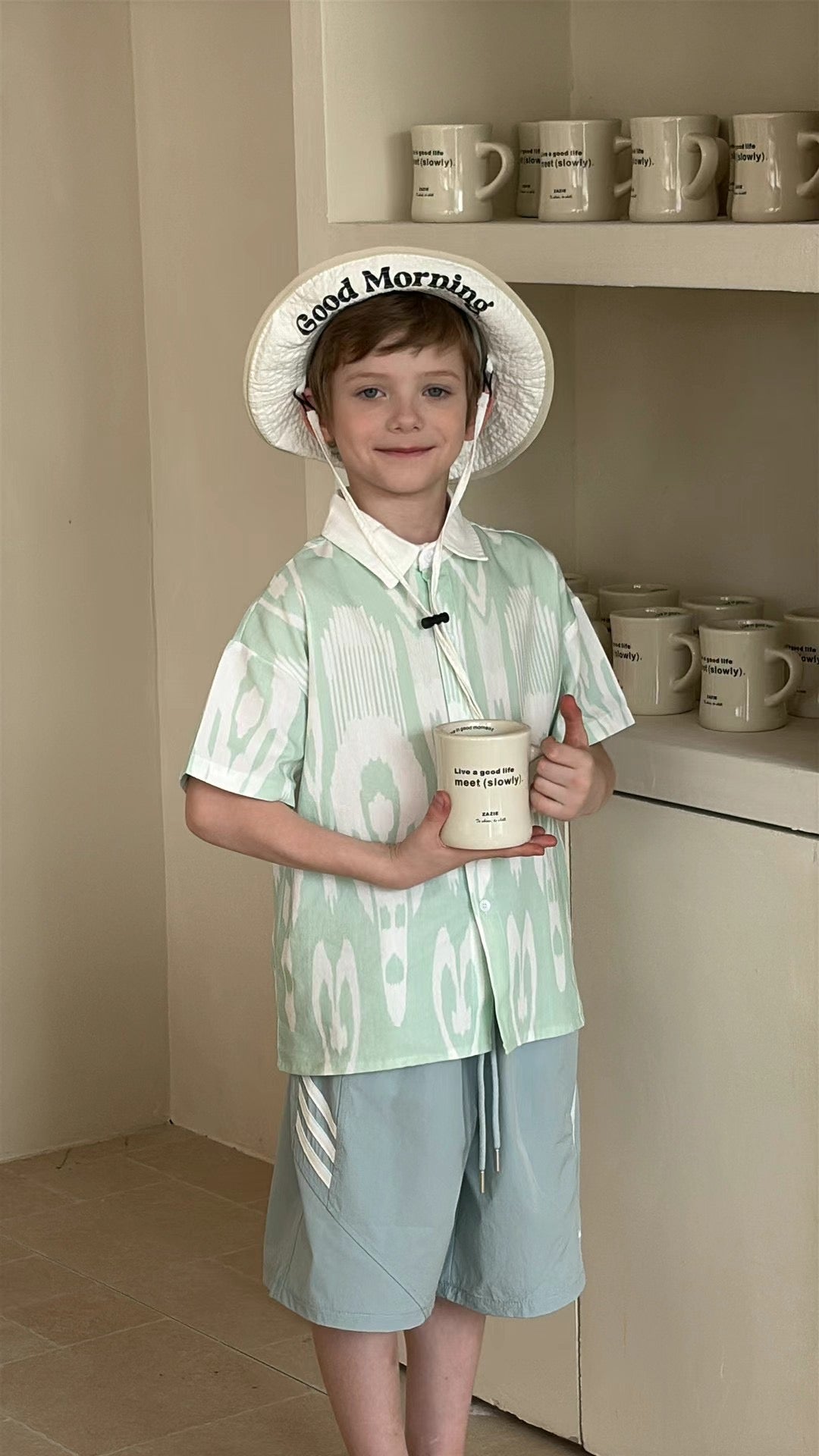 “Mint Nomad” Boys’ Atlas Ikat Shirt – 100% Cotton | Uzbek-Inspired Summer Style