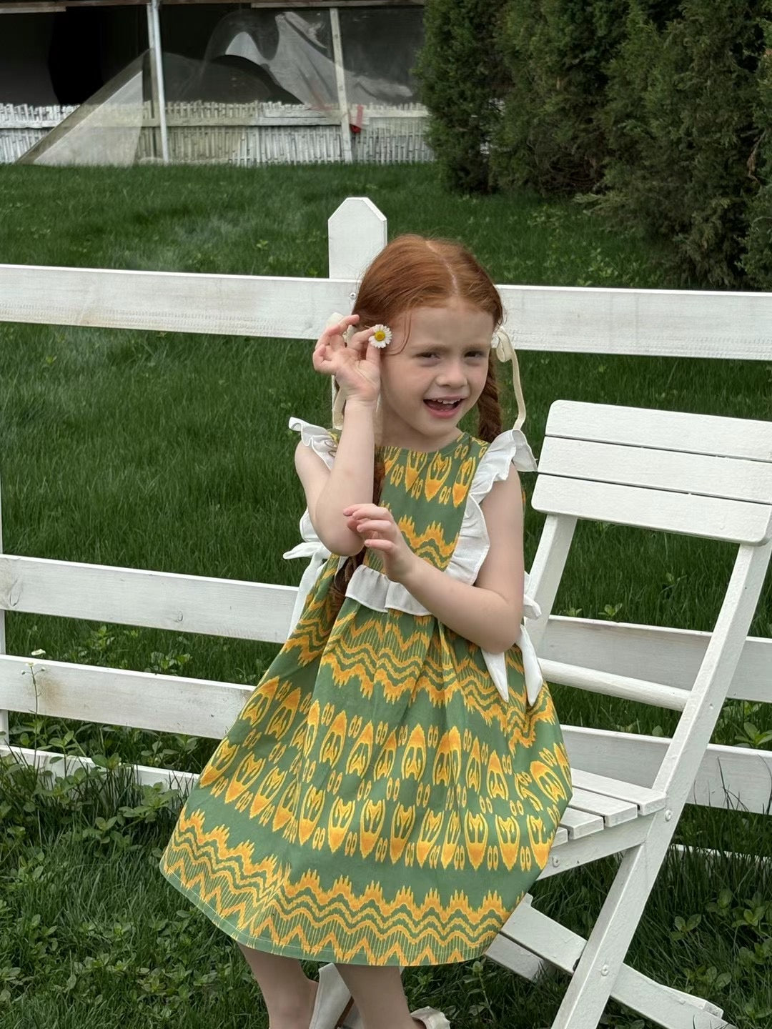 “Citrus Grove” Atlas Cotton Dress – Ruffle Shoulder | Summer Green Edition