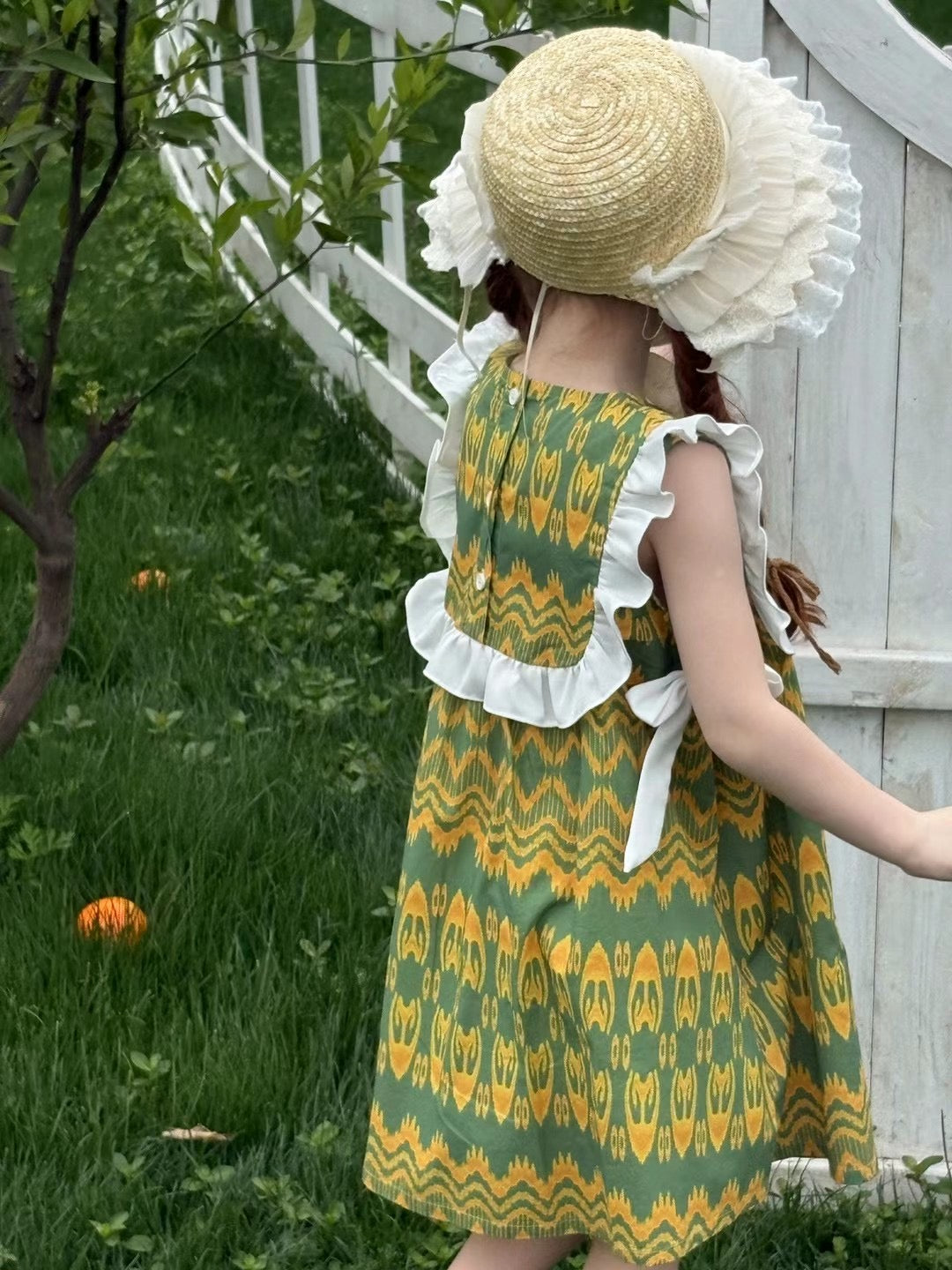 “Citrus Grove” Atlas Cotton Dress – Ruffle Shoulder | Summer Green Edition