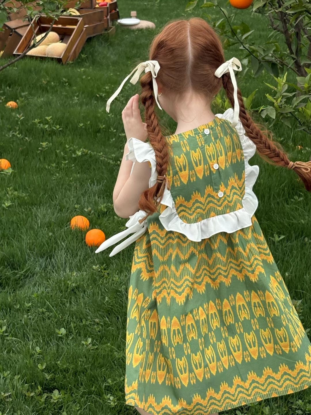 “Citrus Grove” Atlas Cotton Dress – Ruffle Shoulder | Summer Green Edition